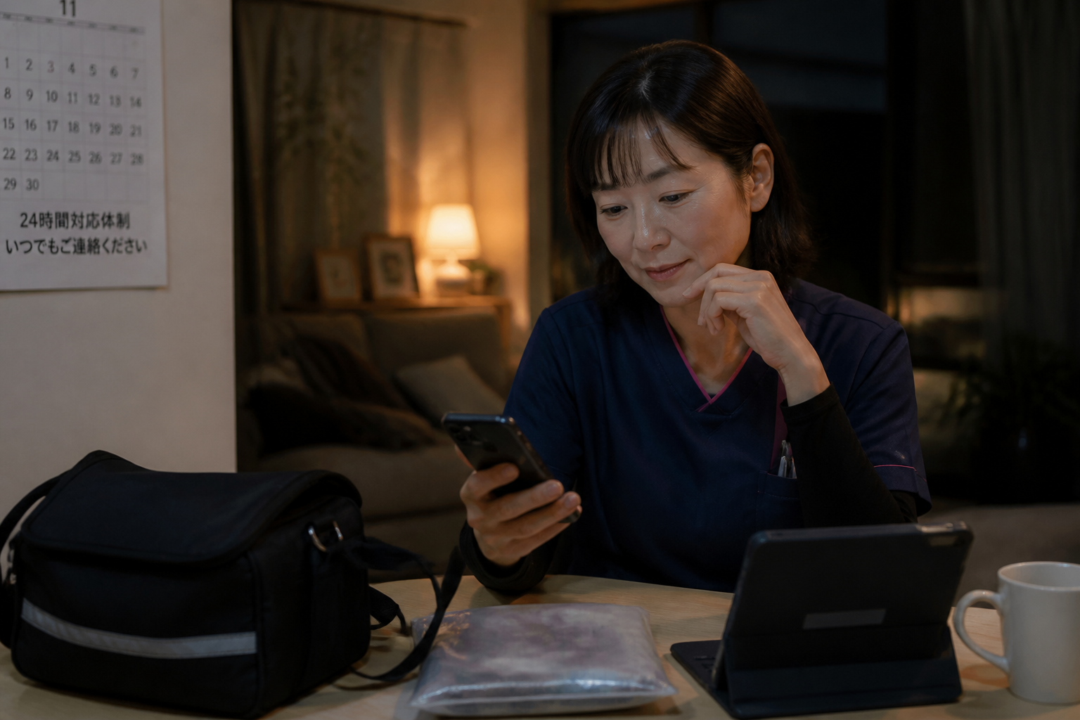 訪問看護師が夜間のオンコール対応のためスマートフォンを確認している様子