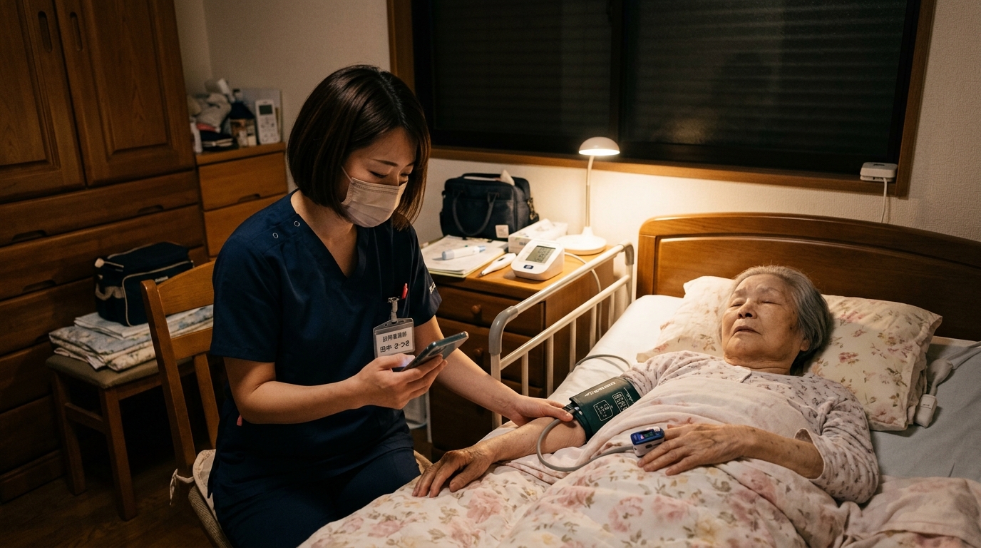 在宅の高齢患者のそばでオンコール対応する日本人訪問看護師