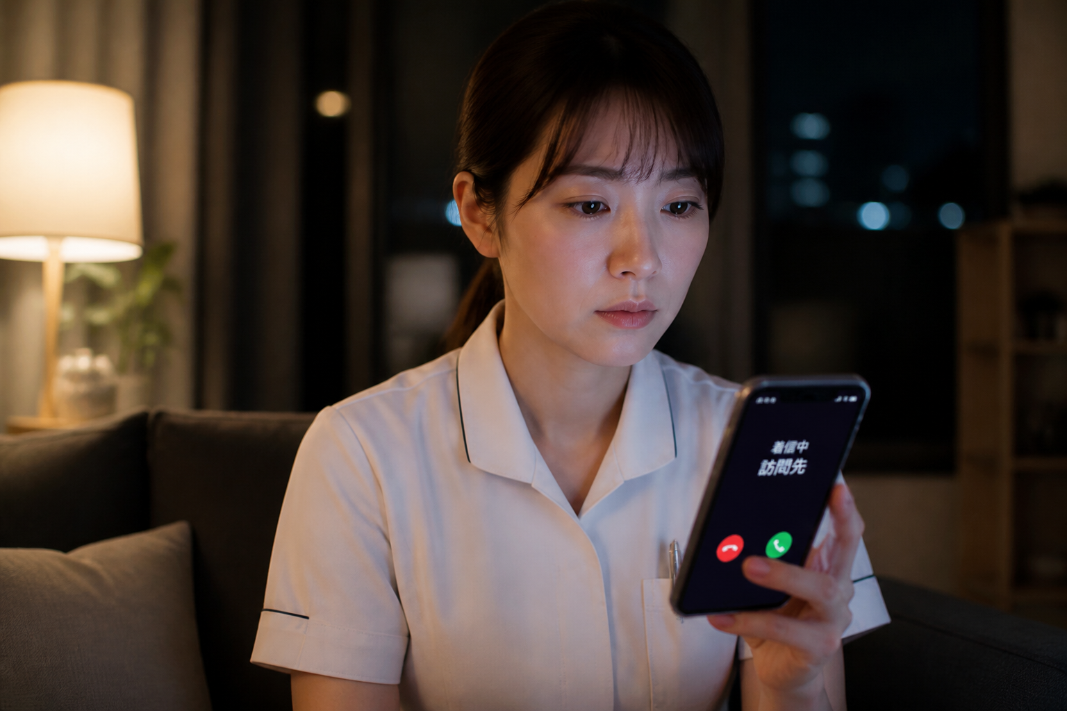 夜間に待機中の訪問看護師がスマートフォンで着信を確認している様子