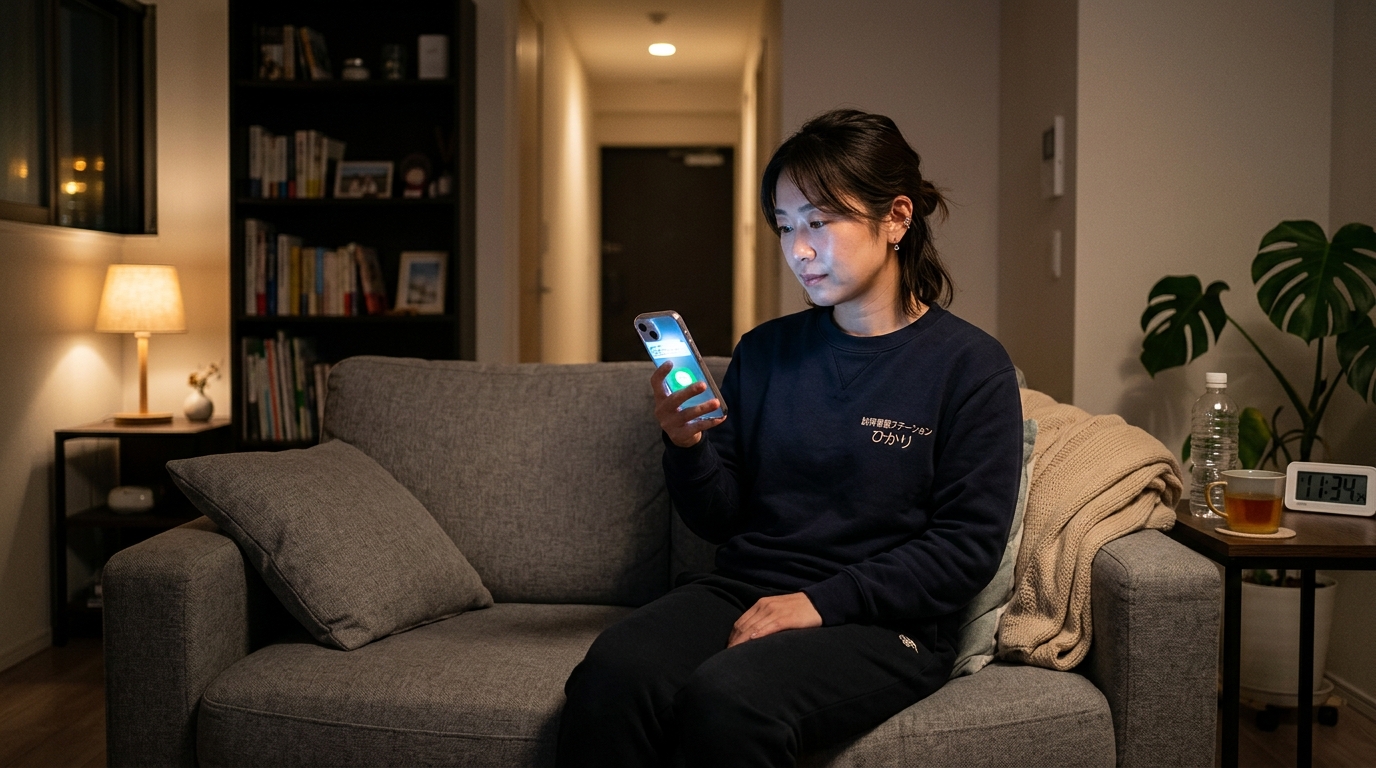 夜間オンコール待機中にスマートフォンを手にする日本人訪問看護師