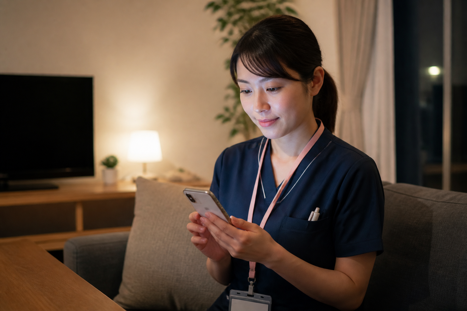 夜間にオンコール待機中の日本人訪問看護師がスマートフォンを手に持つ様子