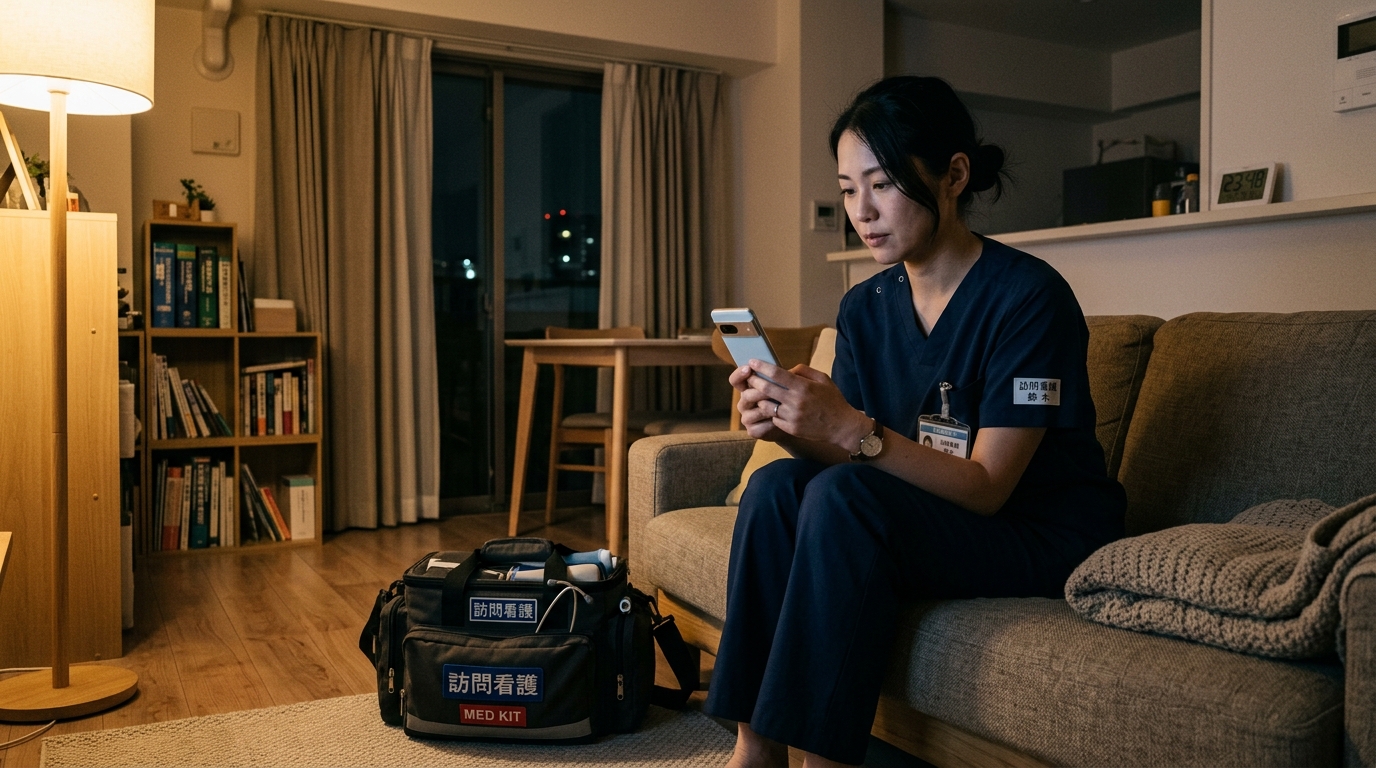 夜間オンコール待機中の訪問看護師がスマートフォンを手に持つ様子