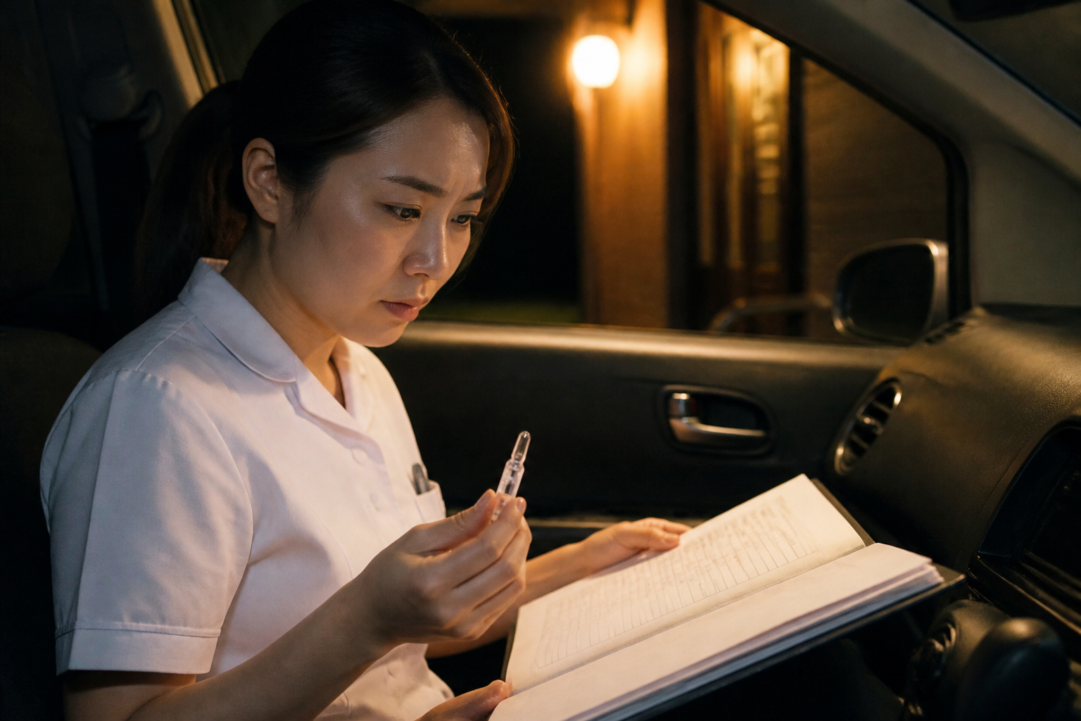 夜間訪問で医療用麻薬の残数を確認する訪問看護師