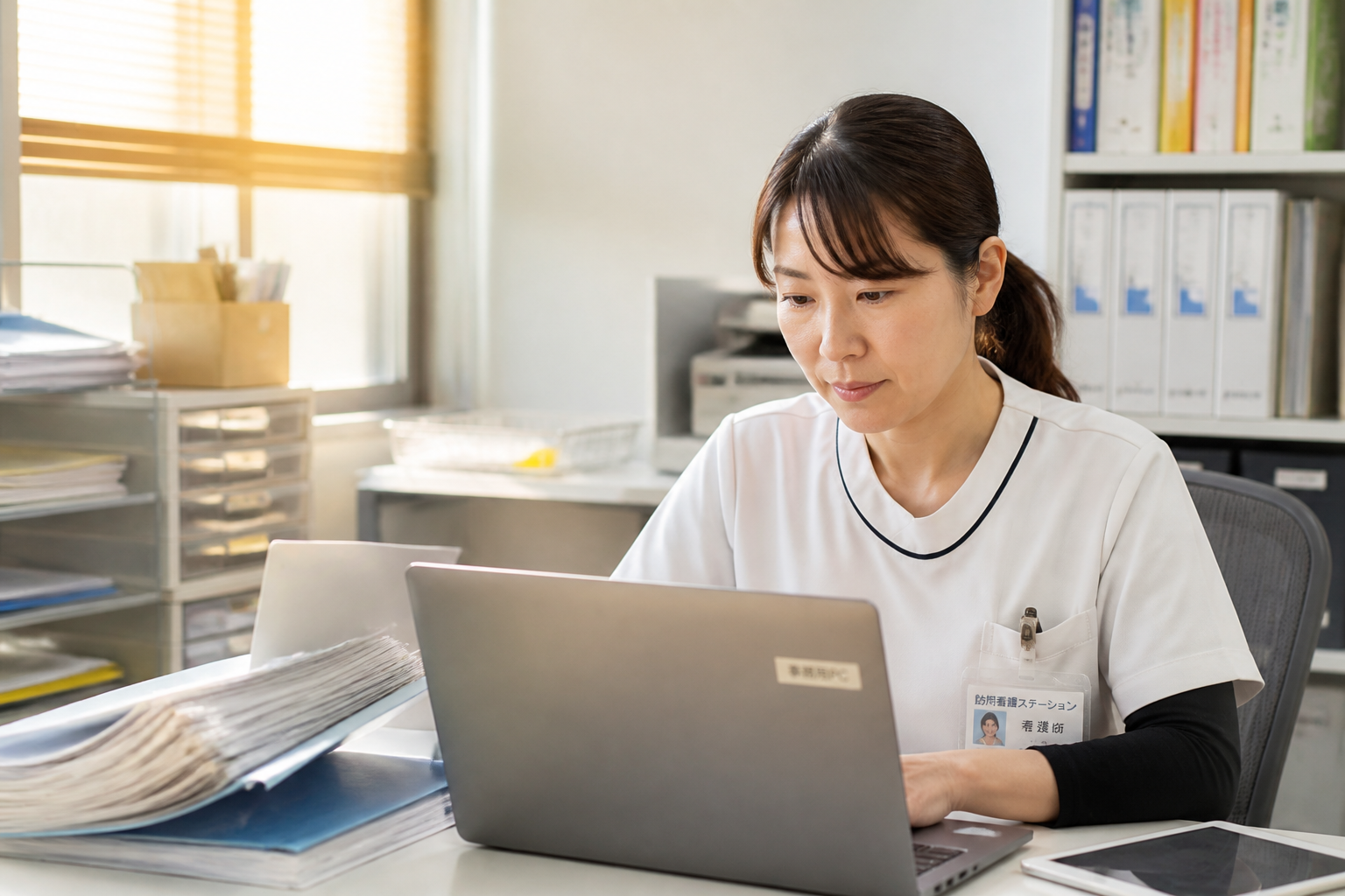 訪問看護ステーションで訪問看護計画書を確認する日本人看護師