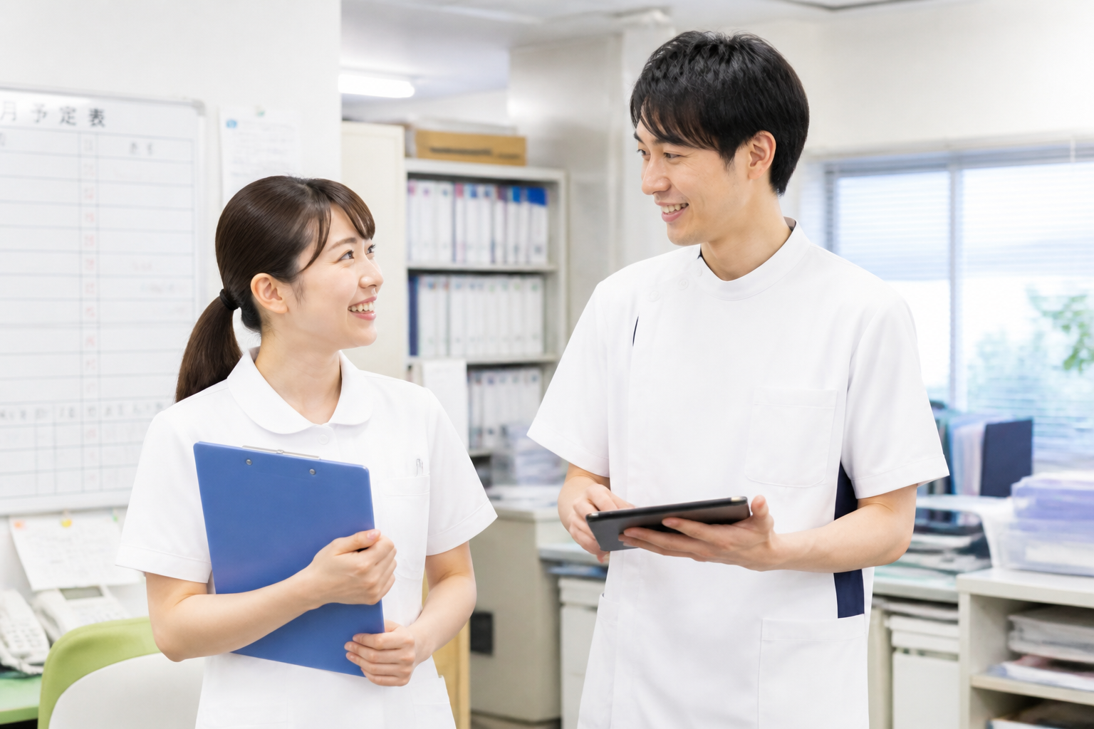 訪問看護ステーションで並ぶ看護師と理学療法士（PT）