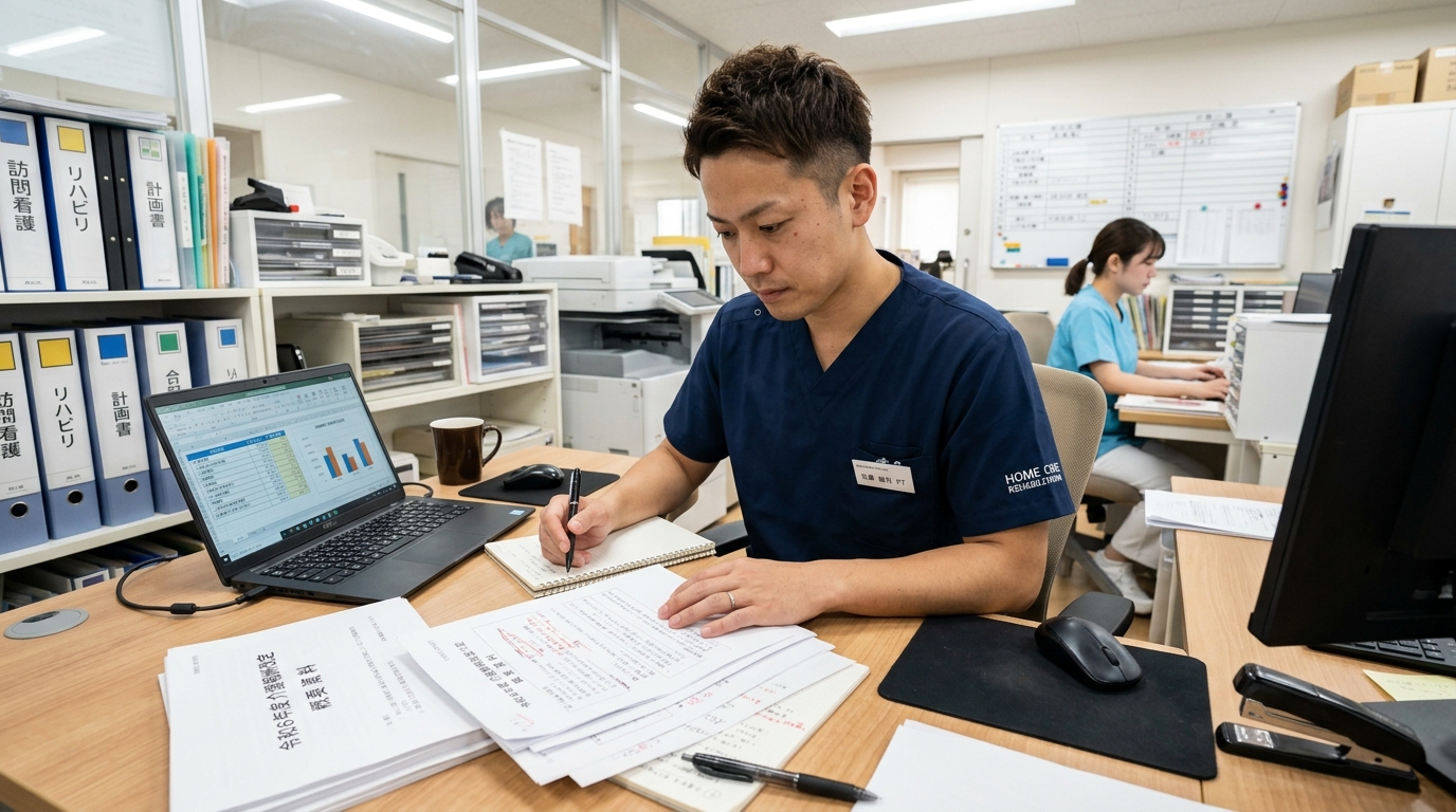 訪問看護ステーションのデスクで2024年改定資料を確認する理学療法士