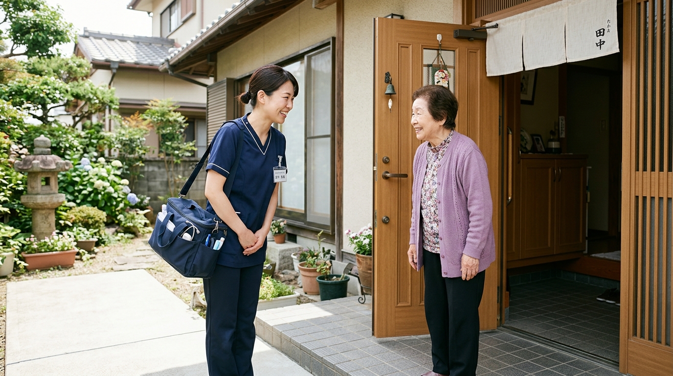 バーンアウトから回復し利用者宅を笑顔で訪問する訪問看護師のイメージ