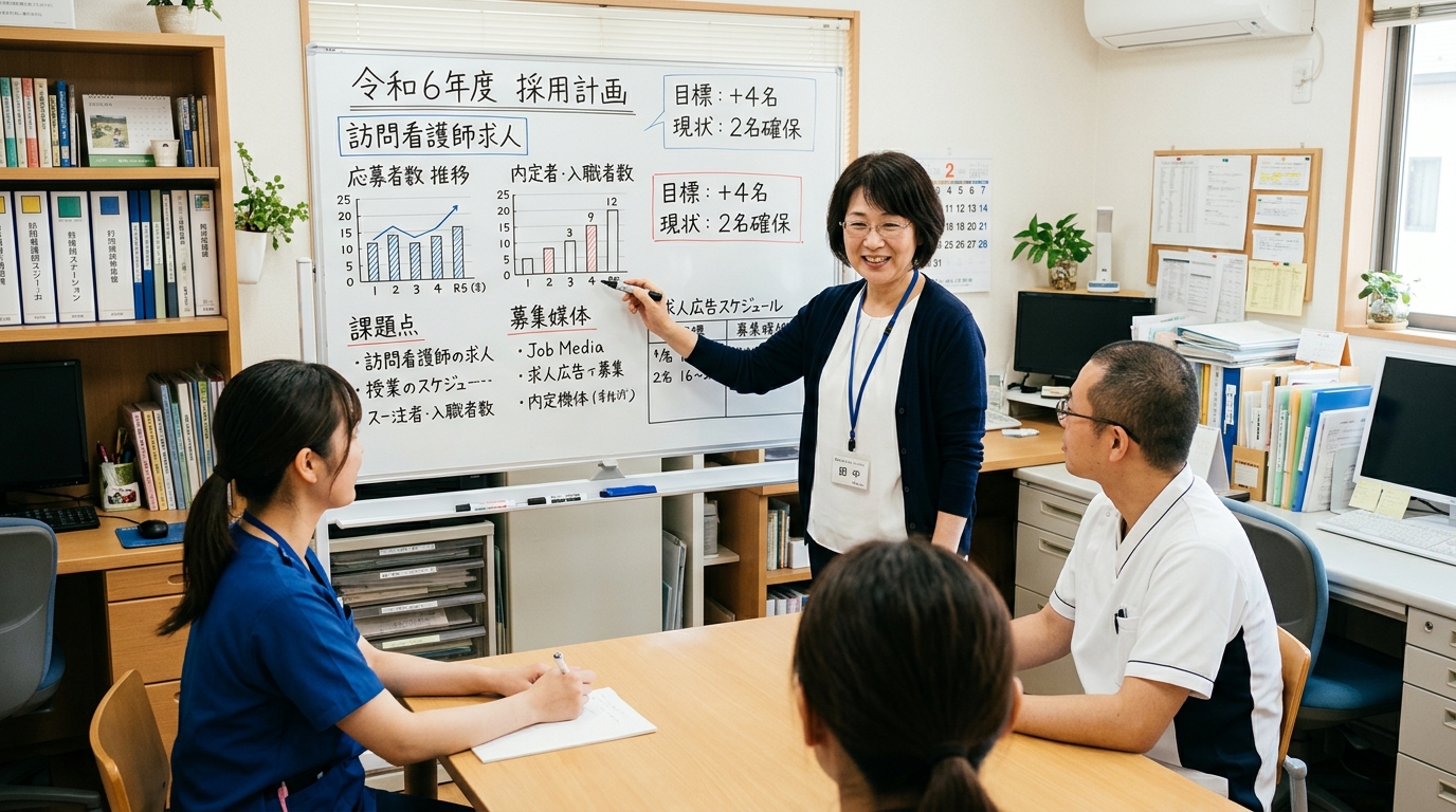 訪問看護ステーションのオフィスで管理者がスタッフと採用状況について打ち合わせをしている様子