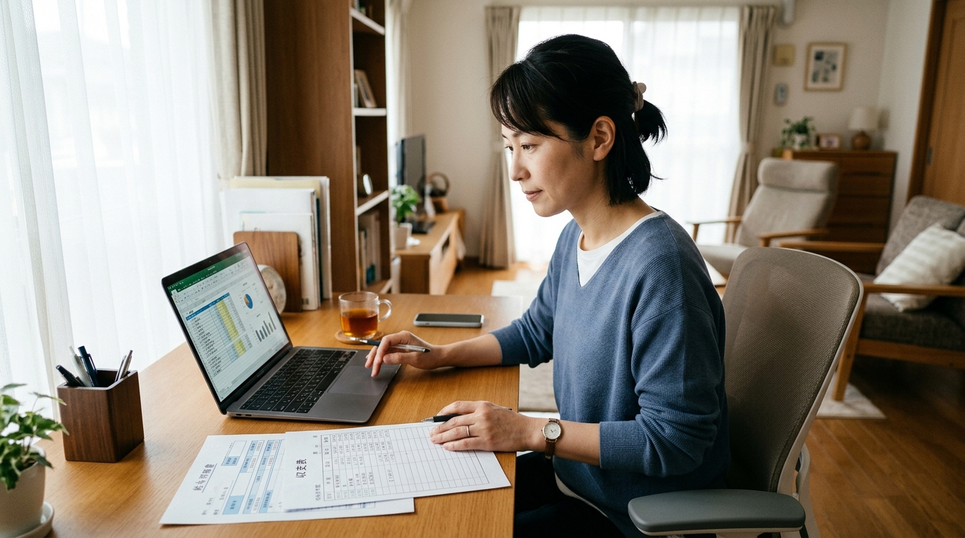 40代の女性訪問看護師が自宅で給与明細や収支データを確認している様子