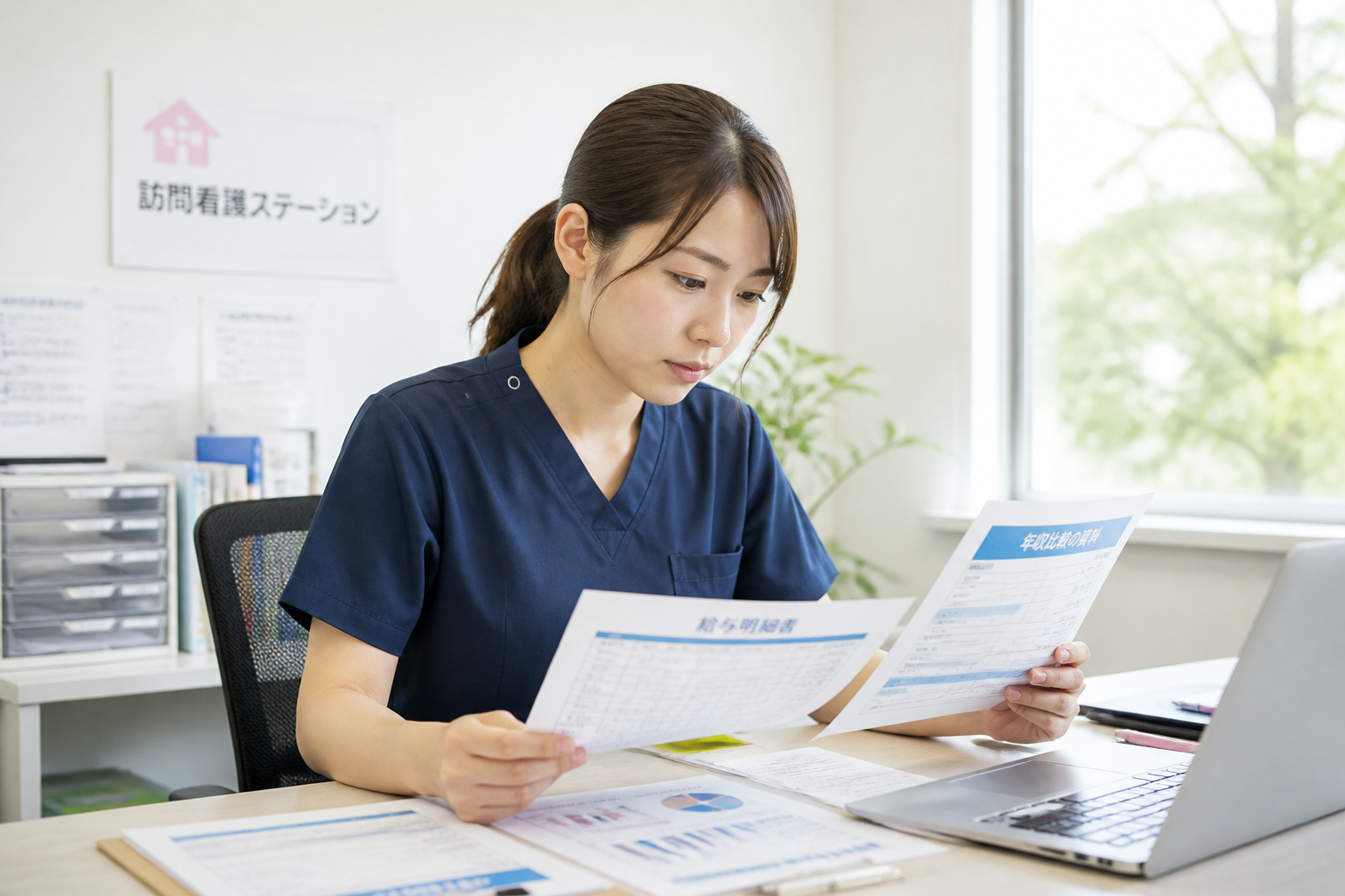 訪問看護ステーションで給与データを確認するスタッフ