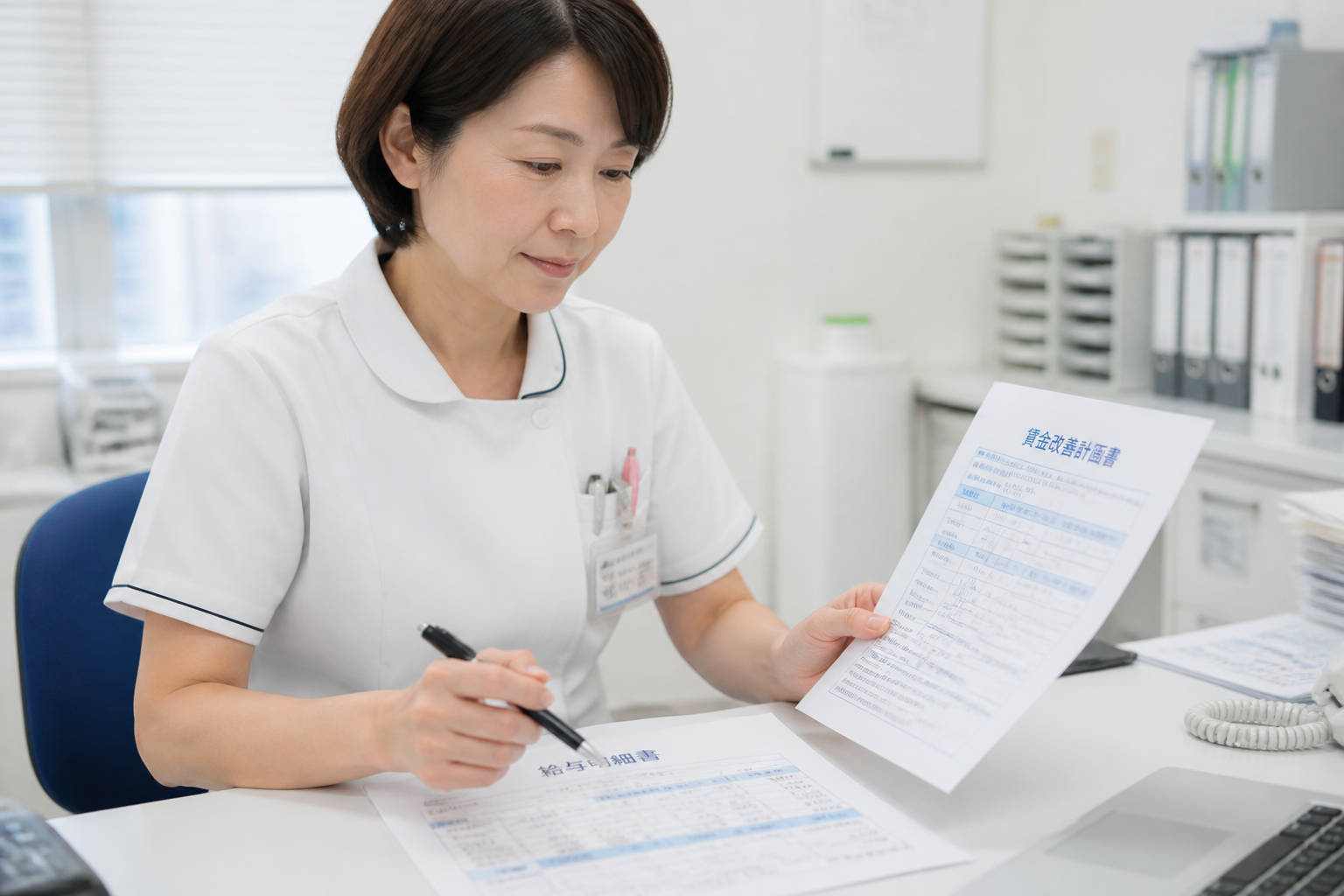 訪問看護師が給与明細と処遇改善関連書類を確認している