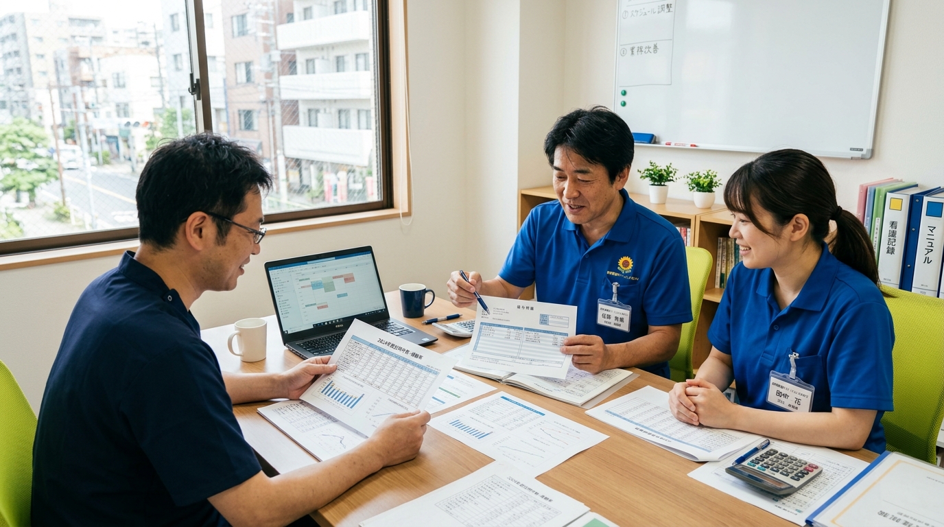 訪問看護ステーションで給与・手当データを確認する看護師たち