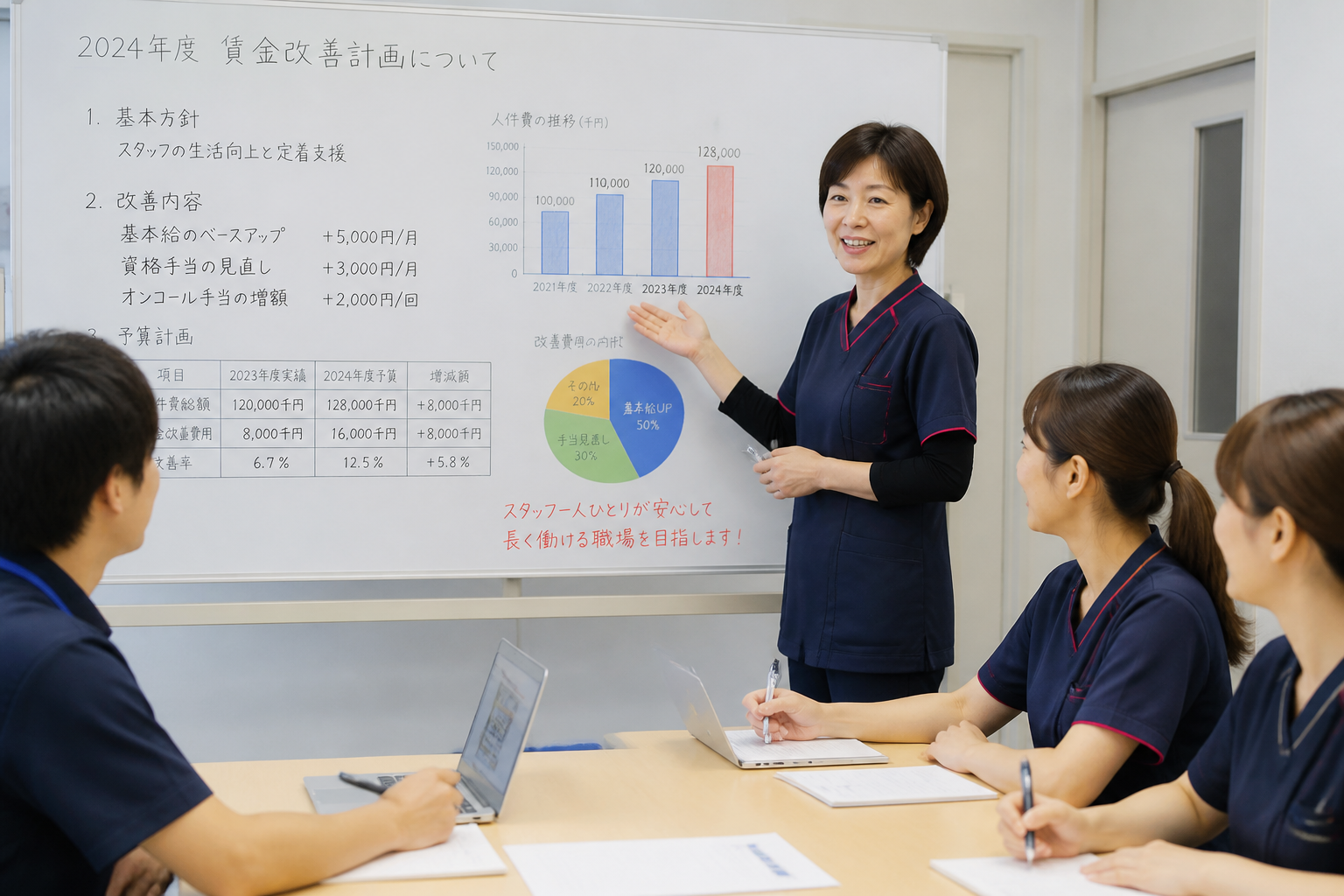 訪問看護ステーションの管理者がスタッフに処遇改善の将来計画を説明している