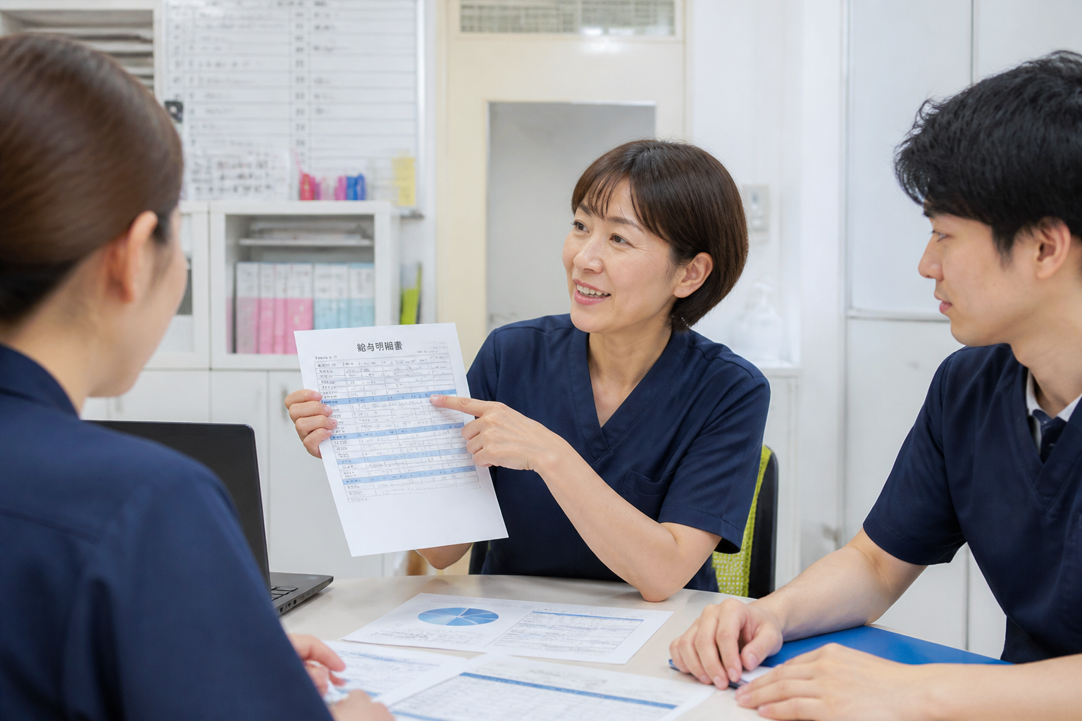 訪問看護ステーションの管理者がスタッフに給与構造を説明している場面