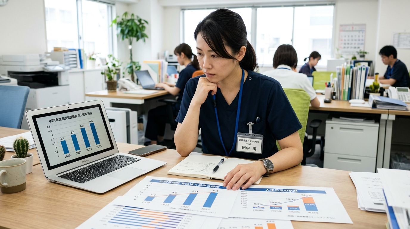 訪問看護師の人手不足を示すデータ資料を確認するスタッフ