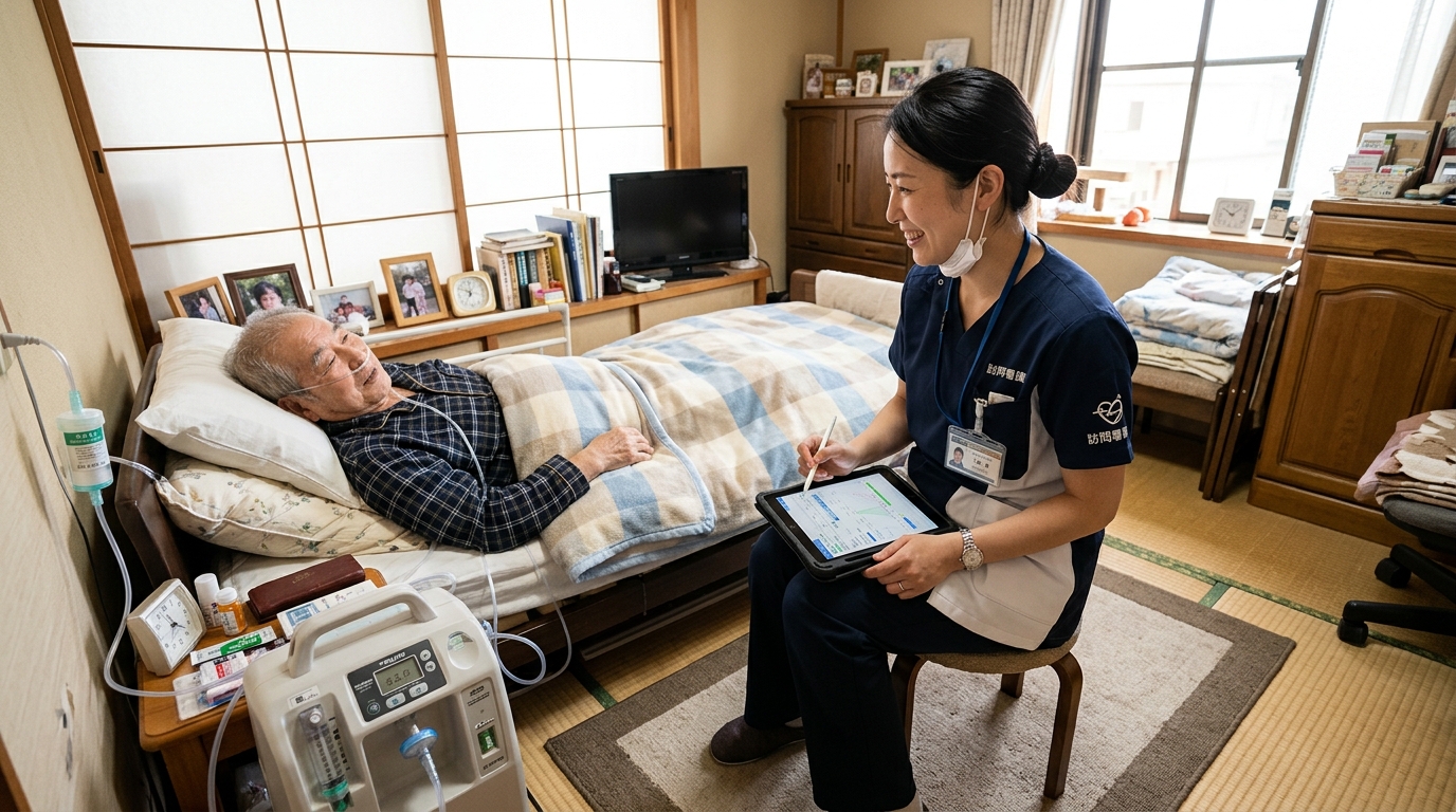 高齢者の自宅で一人でケアを行う訪問看護師