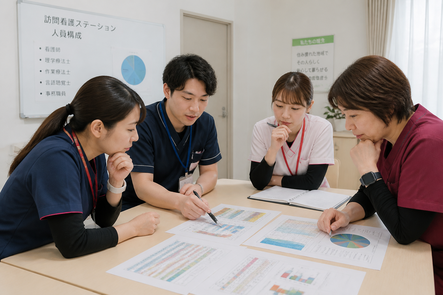 訪問看護ステーションの職種別人員構成を確認するスタッフ