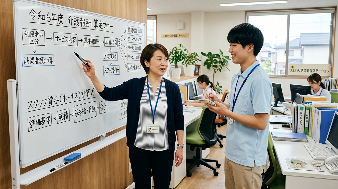 訪問看護ステーションの管理者がPTに賞与の仕組みを説明している場面