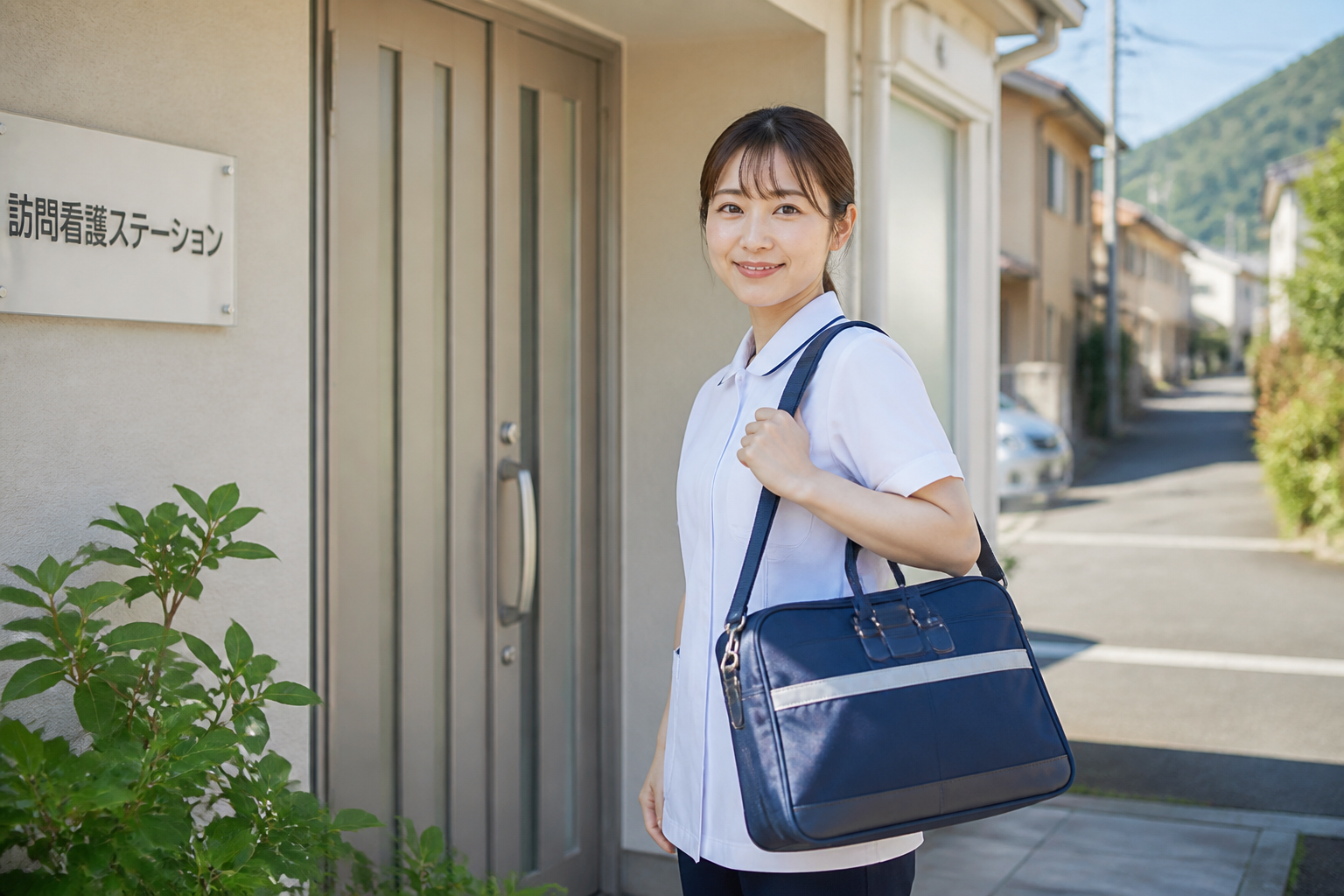 訪問看護ステーションから利用者宅へ出発する日本人女性看護師