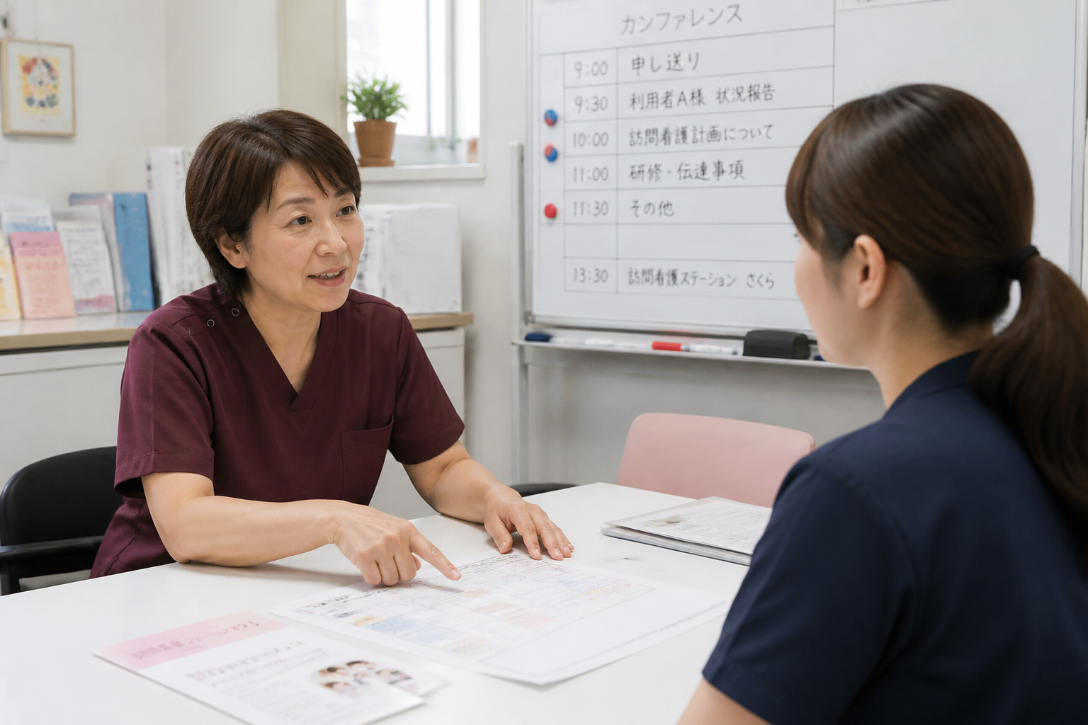 訪問看護ステーションでオンコール体制や教育体制について説明を受ける看護師