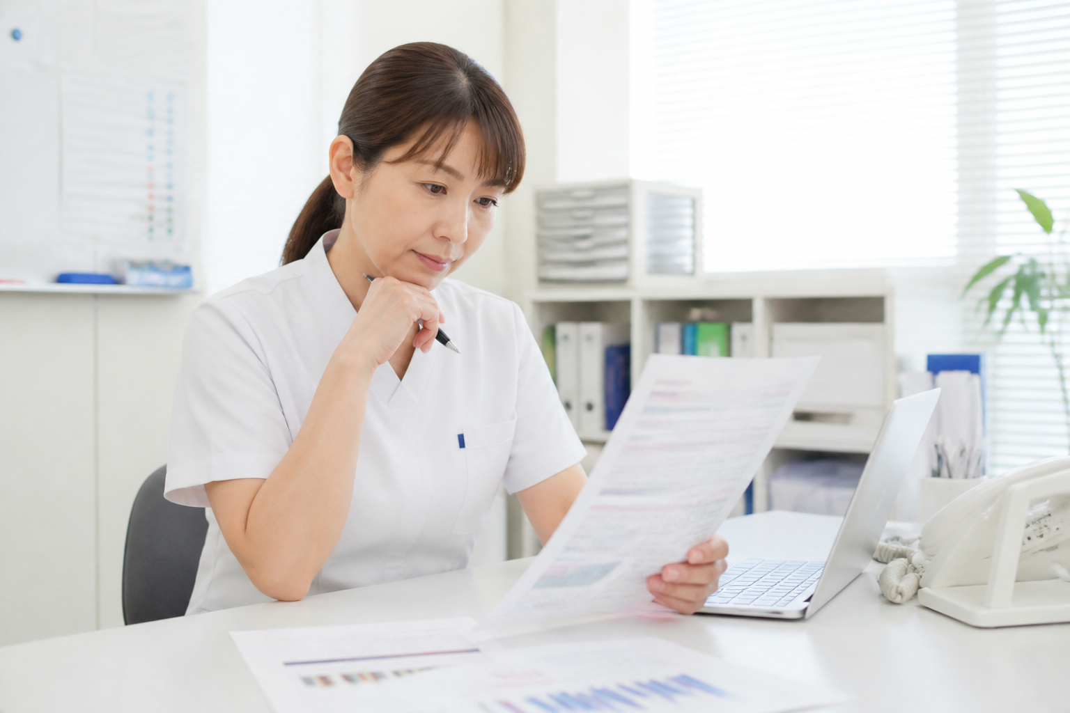 訪問看護ステーションの管理者が求人データを確認している様子