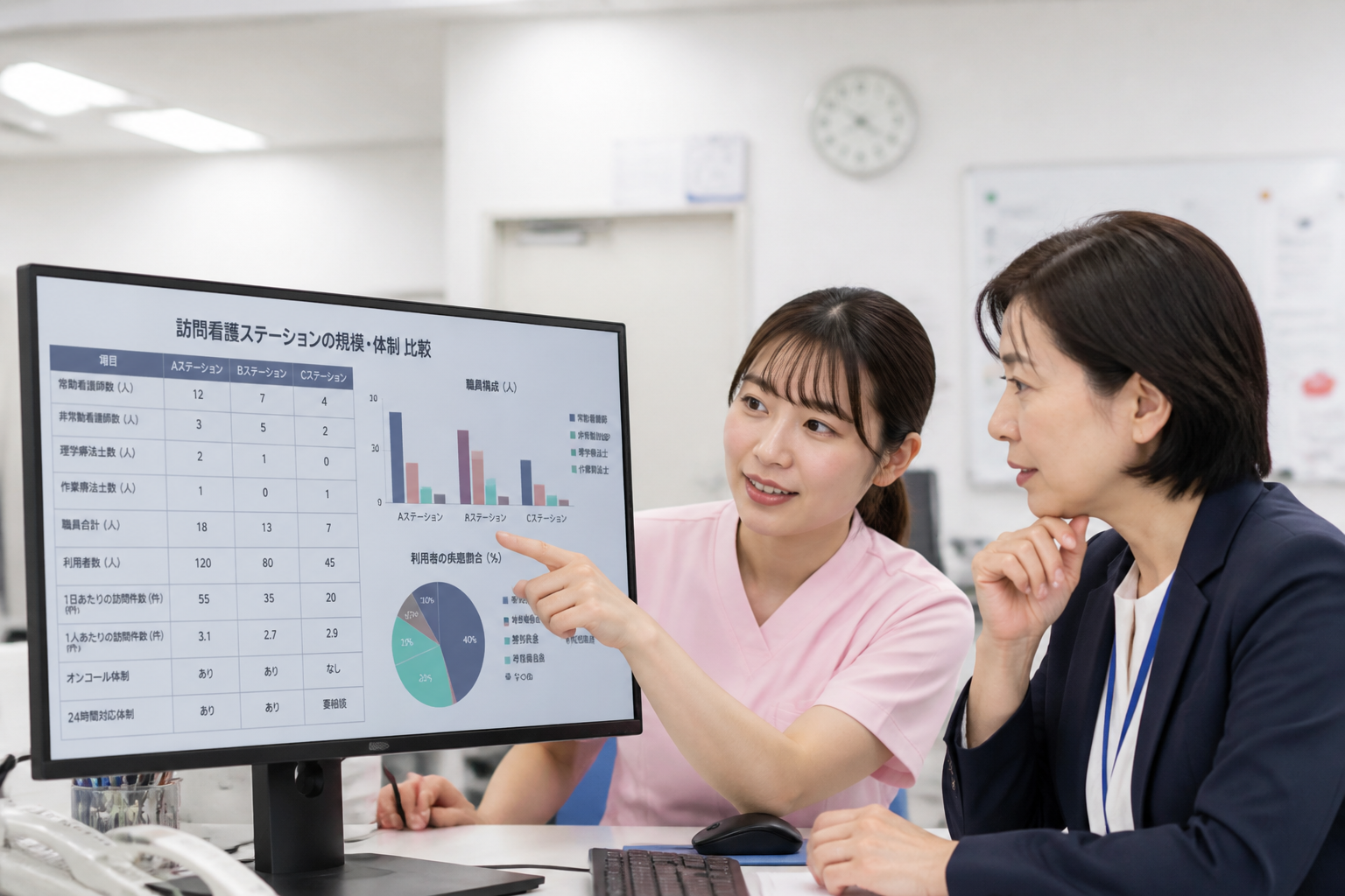 訪問看護ステーションの規模データを確認する看護師と管理者