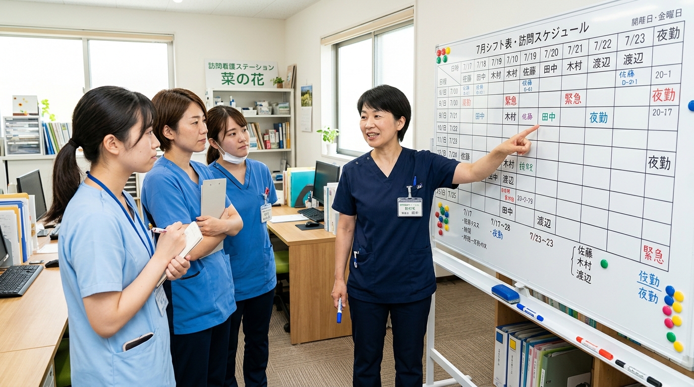 訪問看護ステーションの管理者がスタッフにシフト体制を説明している様子