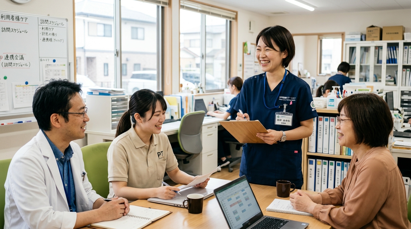 訪問看護ステーションで多職種チームと打ち合わせをする看護師