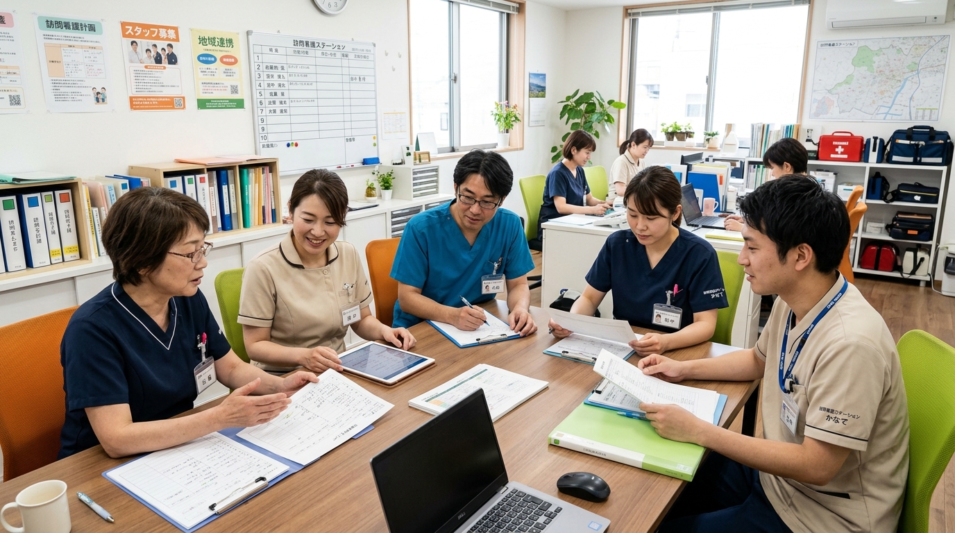 訪問看護ステーションのスタッフがケアプランを確認しているオフィスの様子。事業所規模とチーム体制のイメージ。