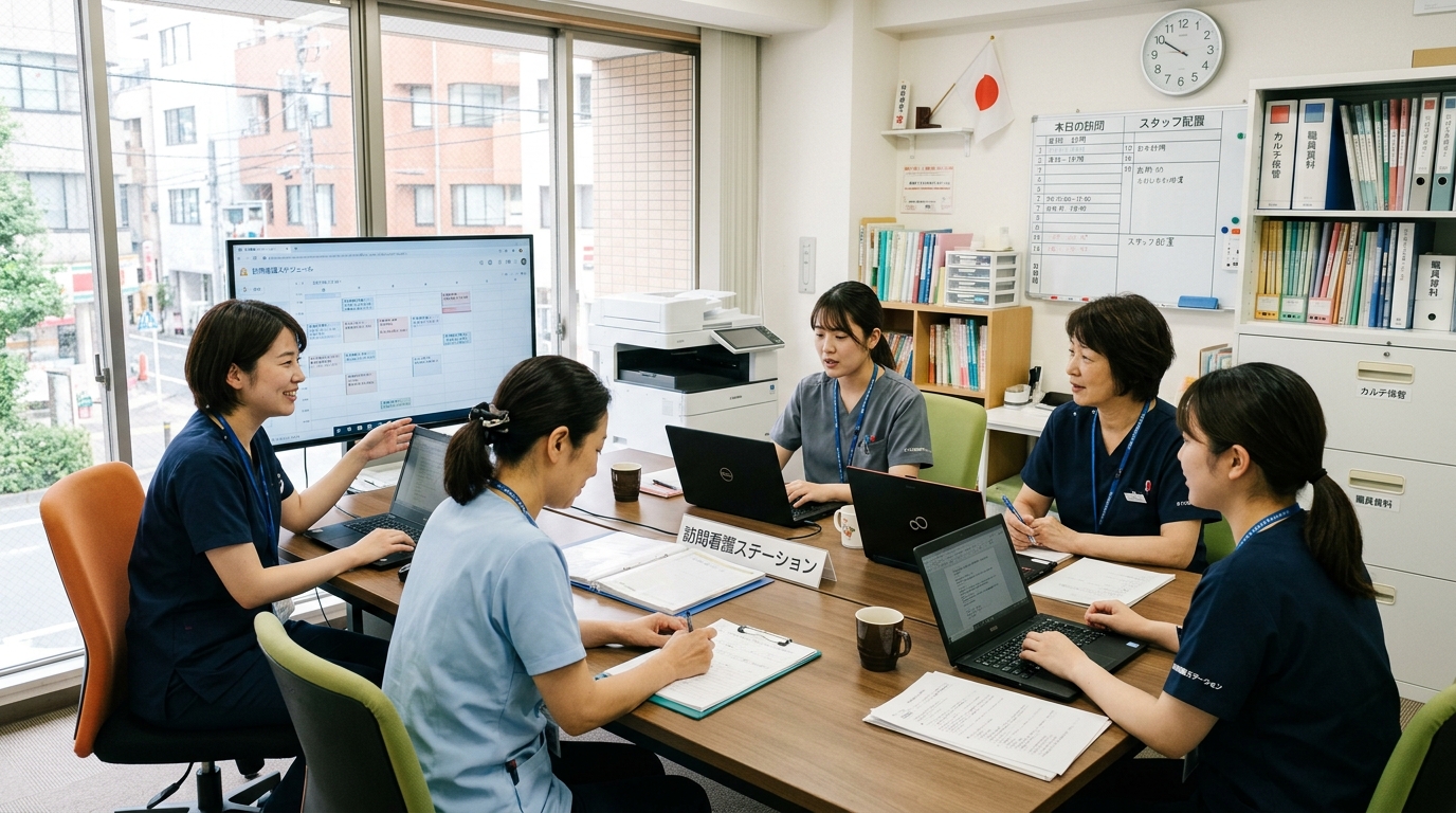 訪問看護ステーションのスタッフがミーティングをしている様子