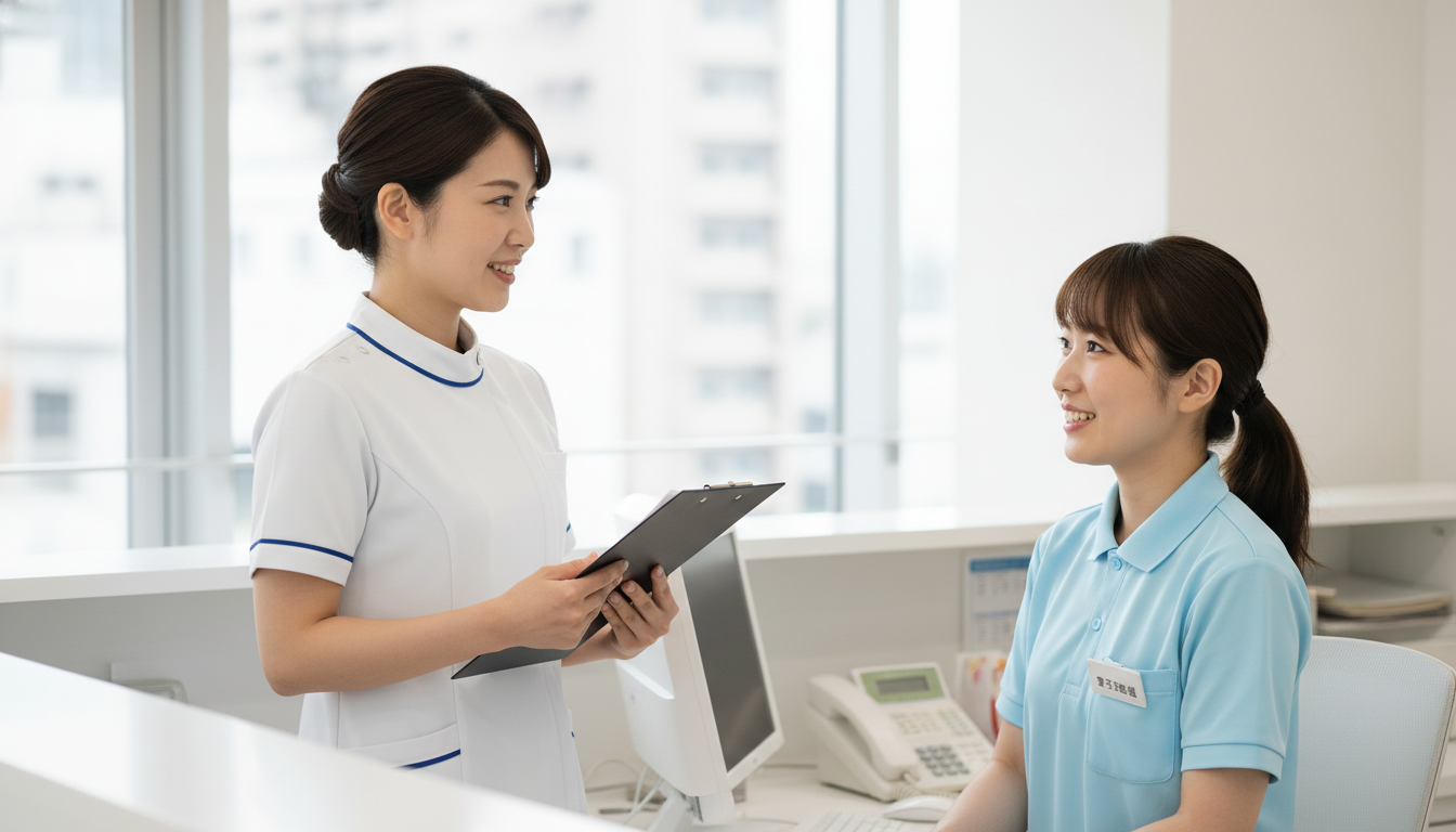 訪問看護ステーションの見学で担当者に質問する看護師