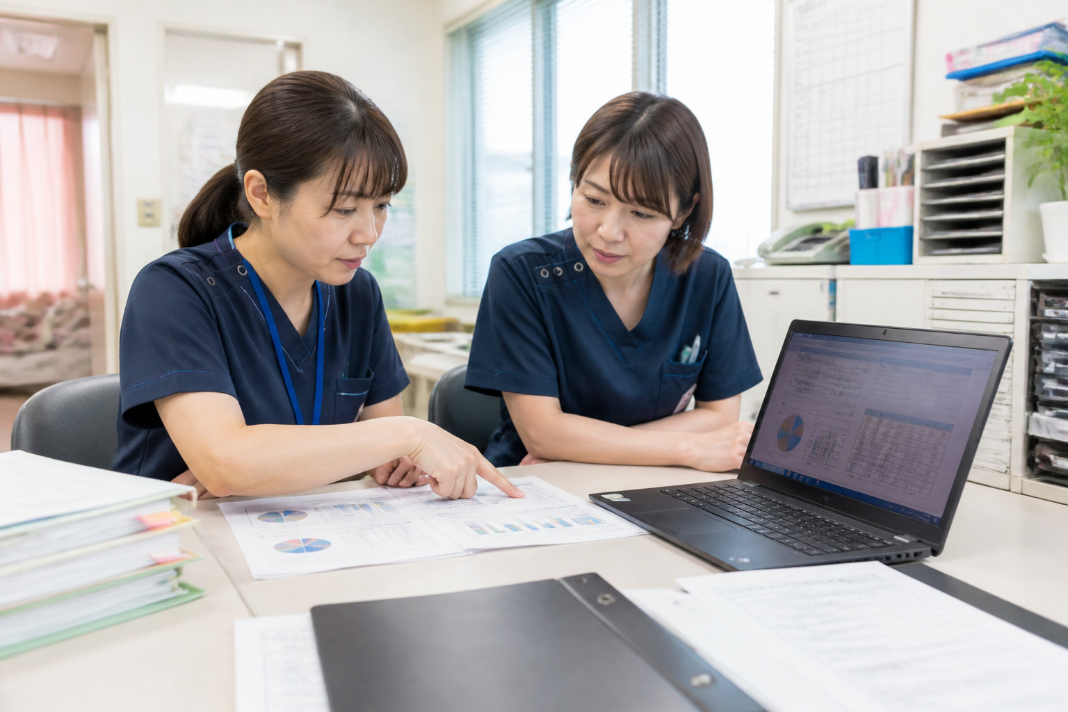 調査報告書のデータを確認する訪問看護ステーションの看護師