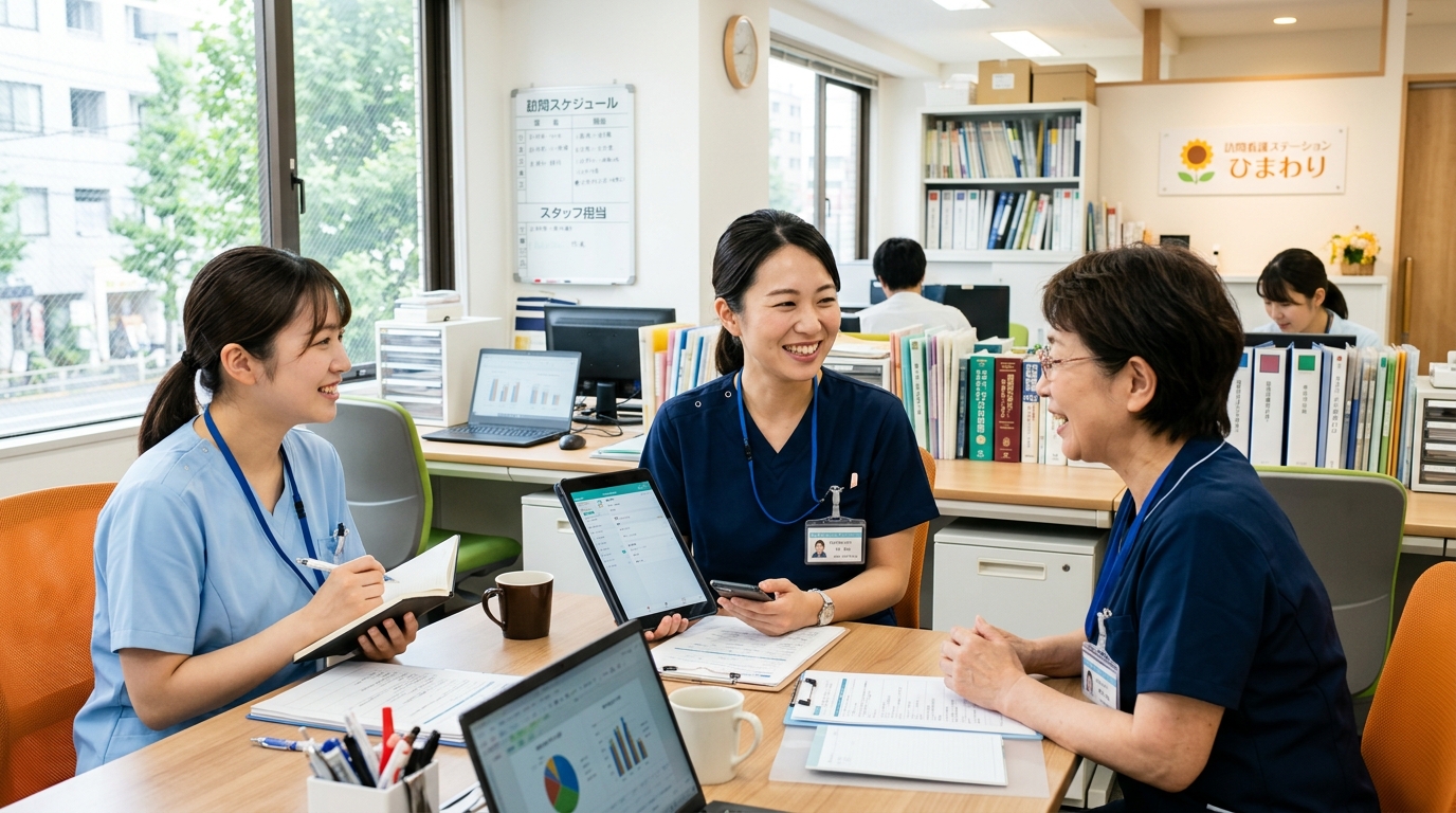 訪問看護ステーションで同僚と情報共有・相談する看護師