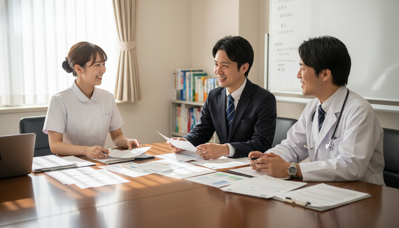 訪問看護師がケアマネジャーと多職種カンファレンスを行うシーン