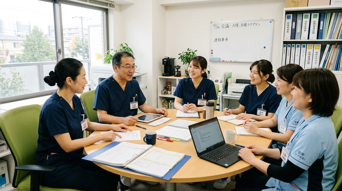 板橋区の訪問看護チームがターミナルケアについてカンファレンスで情報共有している様子