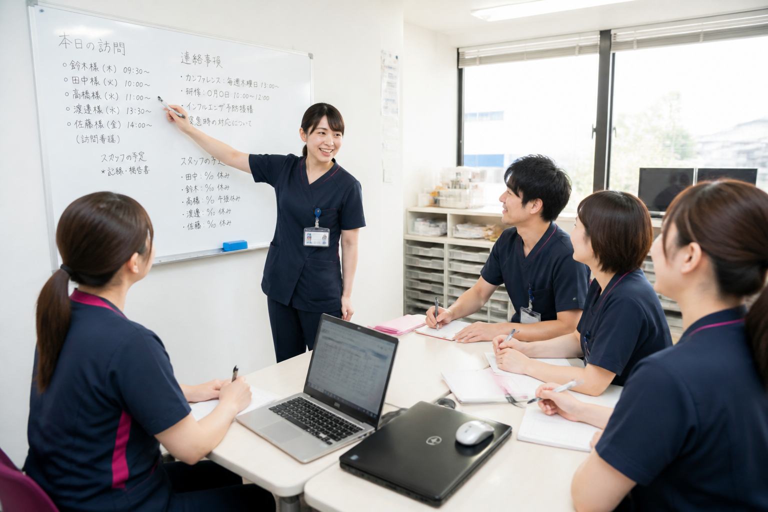 訪問看護ステーションのスタッフが朝のミーティングを行っている様子