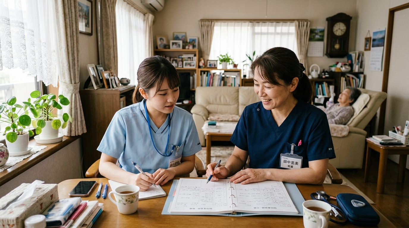 先輩訪問看護師が新人に同行研修で看護記録を説明している場面