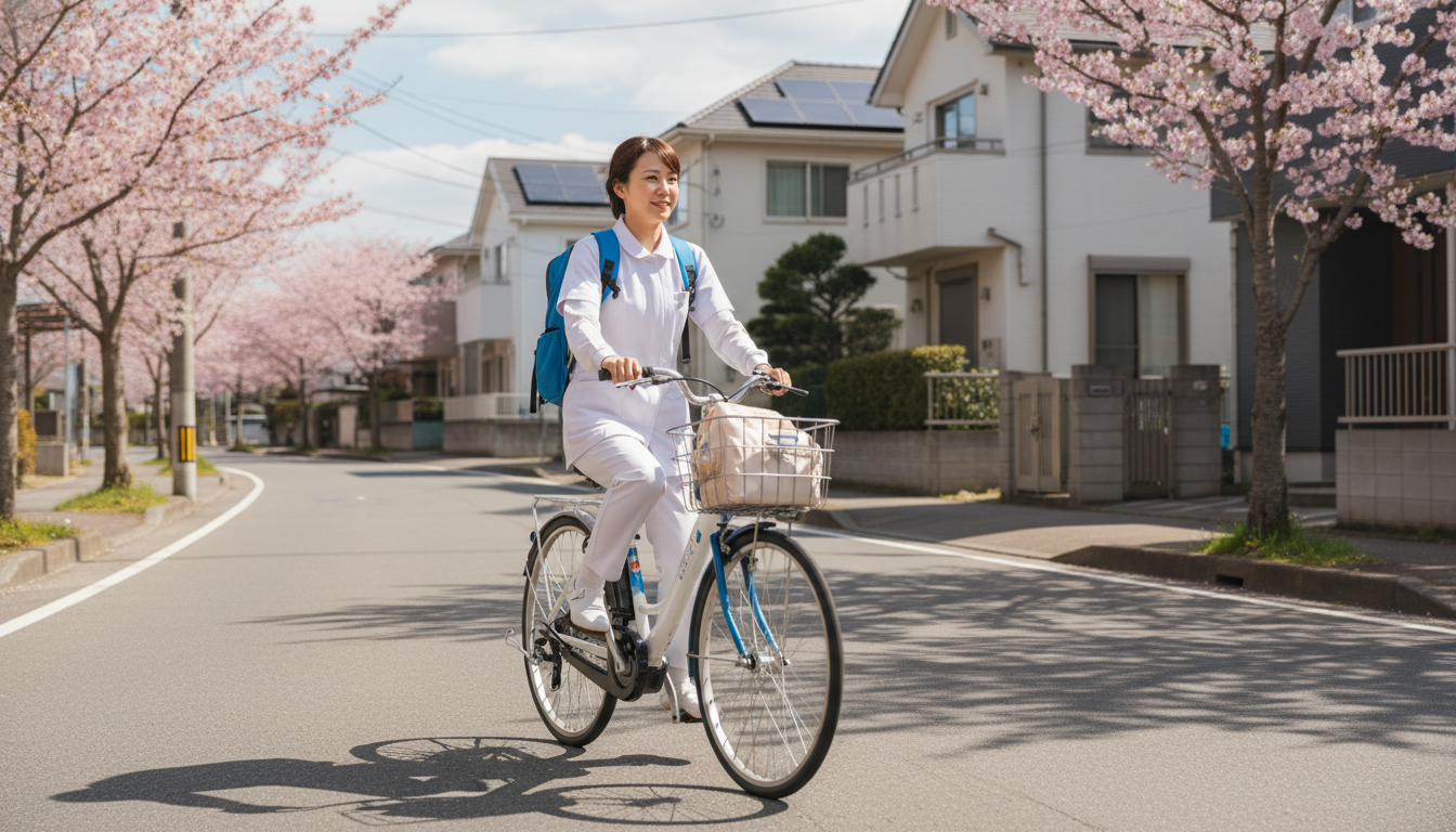 電動自転車で訪問先へ移動する訪問看護師