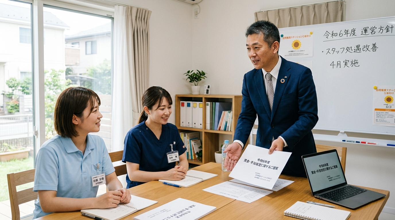 訪問看護ステーションの管理者がスタッフに診療報酬改定と賃上げについて説明している様子