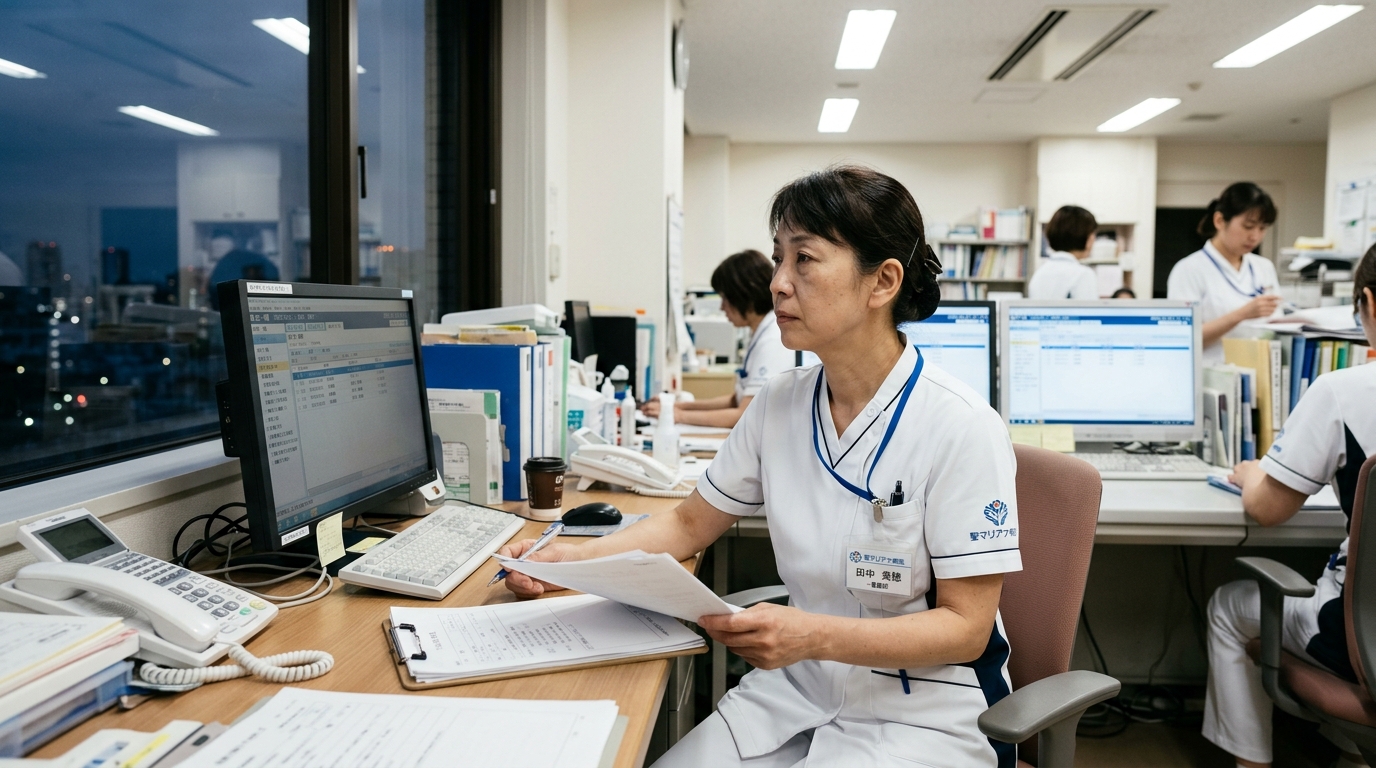 訪問看護ステーションで書類を持ちながら窓の外を見る日本人女性看護師