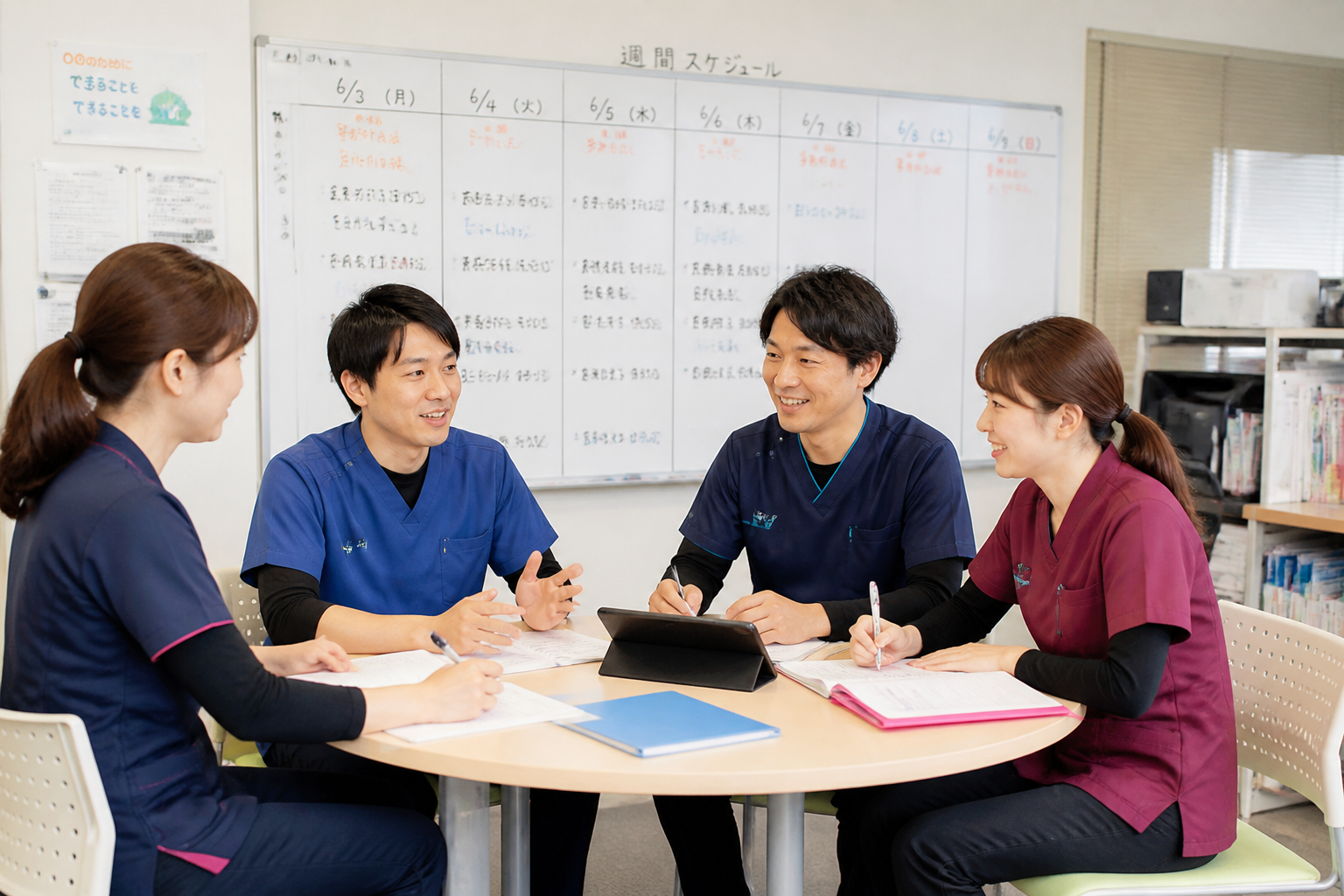 訪問看護ステーションで看護師と理学療法士がチームカンファレンスを行っている様子