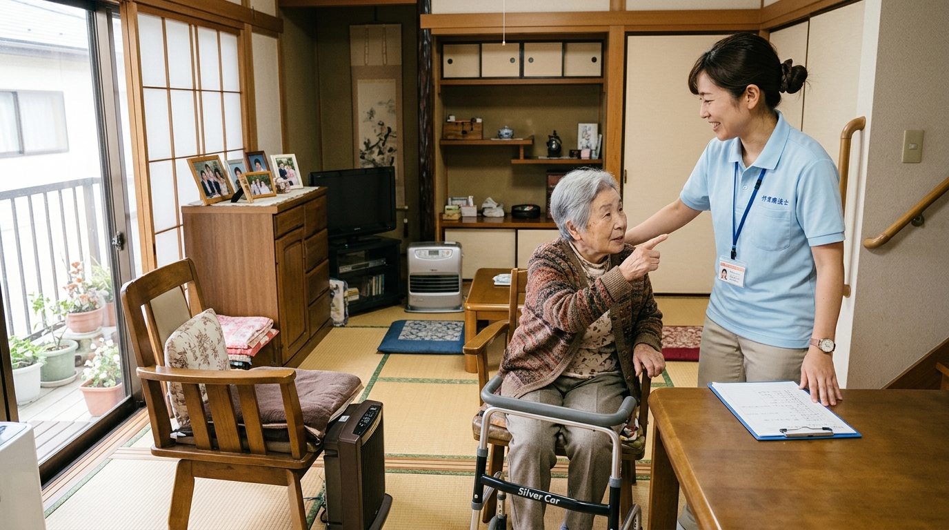 作業療法士が高齢者の自宅でADL訓練を実施している様子