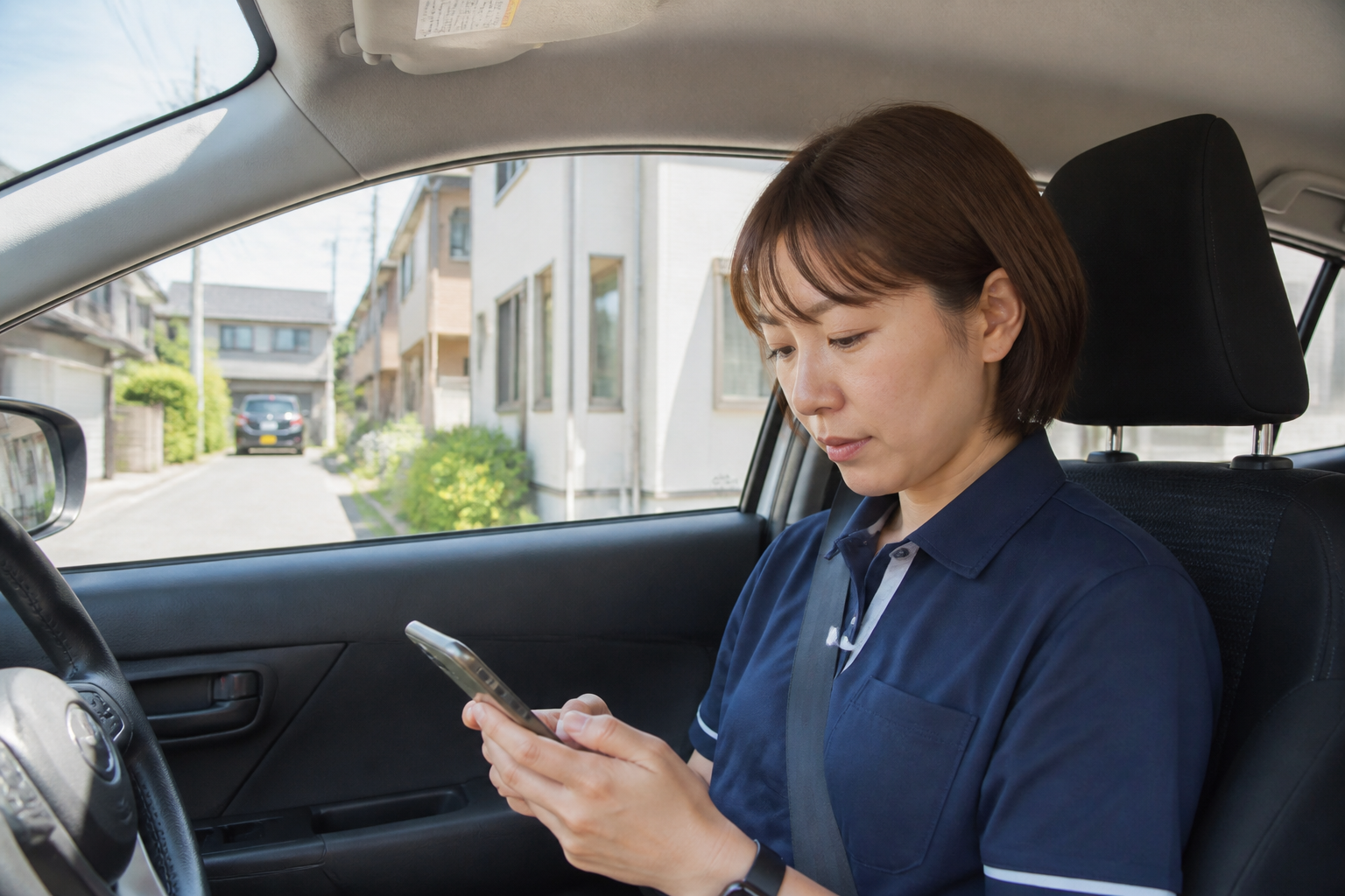 訪問リハビリスタッフが車内でスマートフォンを使い電子カルテに記録を入力している様子