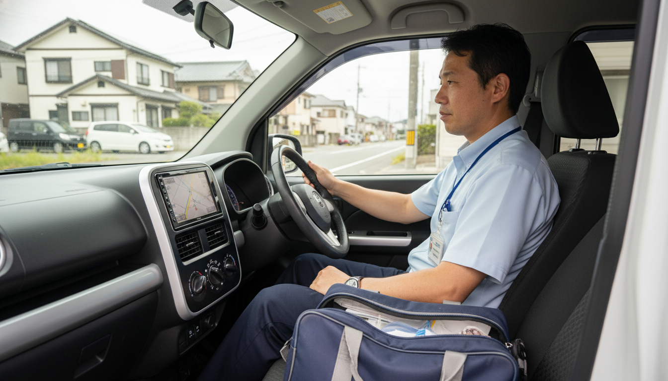 訪問リハビリスタッフが車で次の利用者宅へ移動している様子