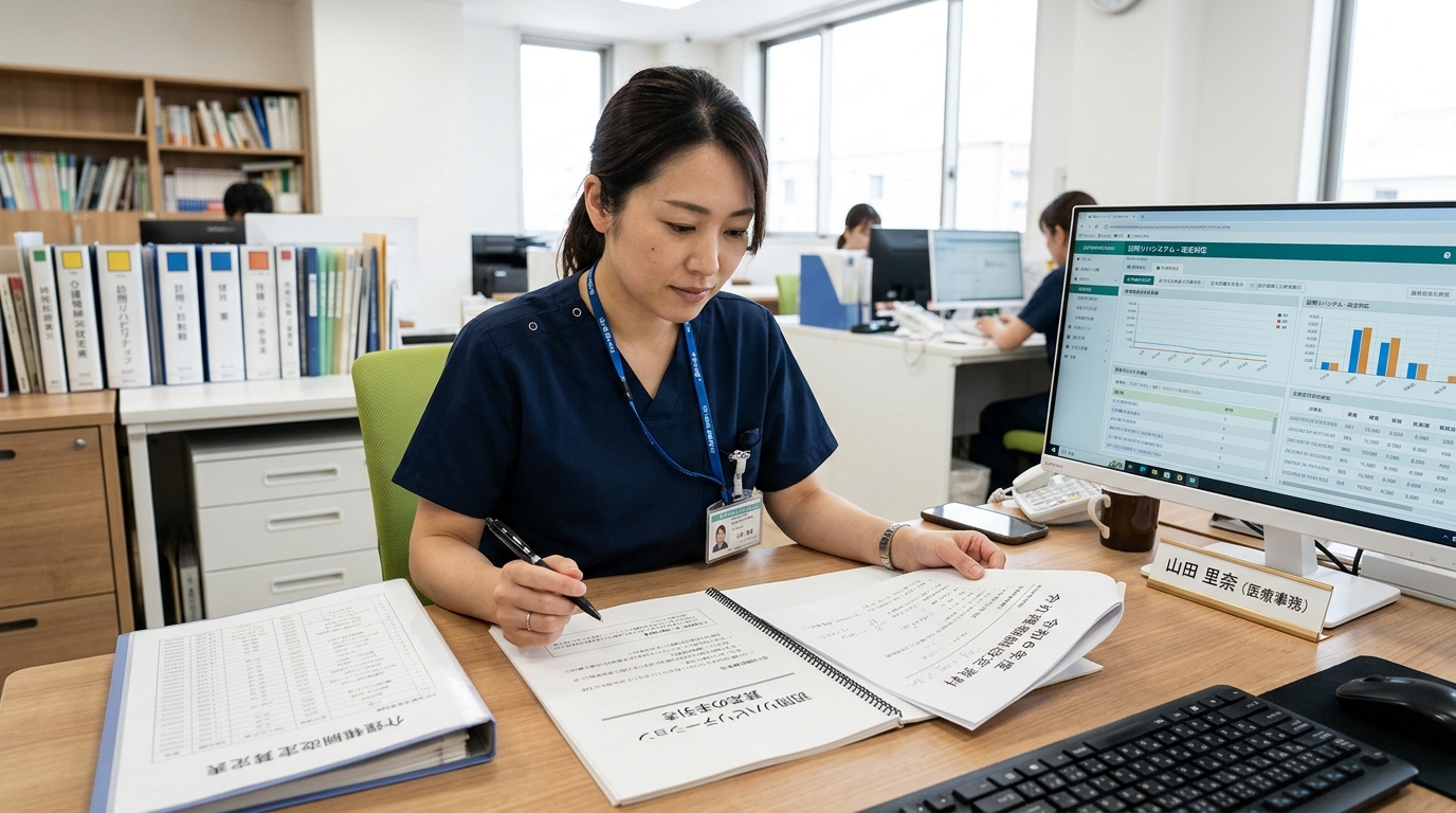 2024年度介護報酬改定の資料を確認する訪問リハビリ事業所スタッフ