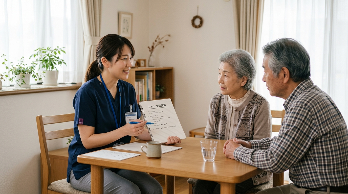 訪問リハビリの療法士が高齢者とリハビリ計画について話し合う場面