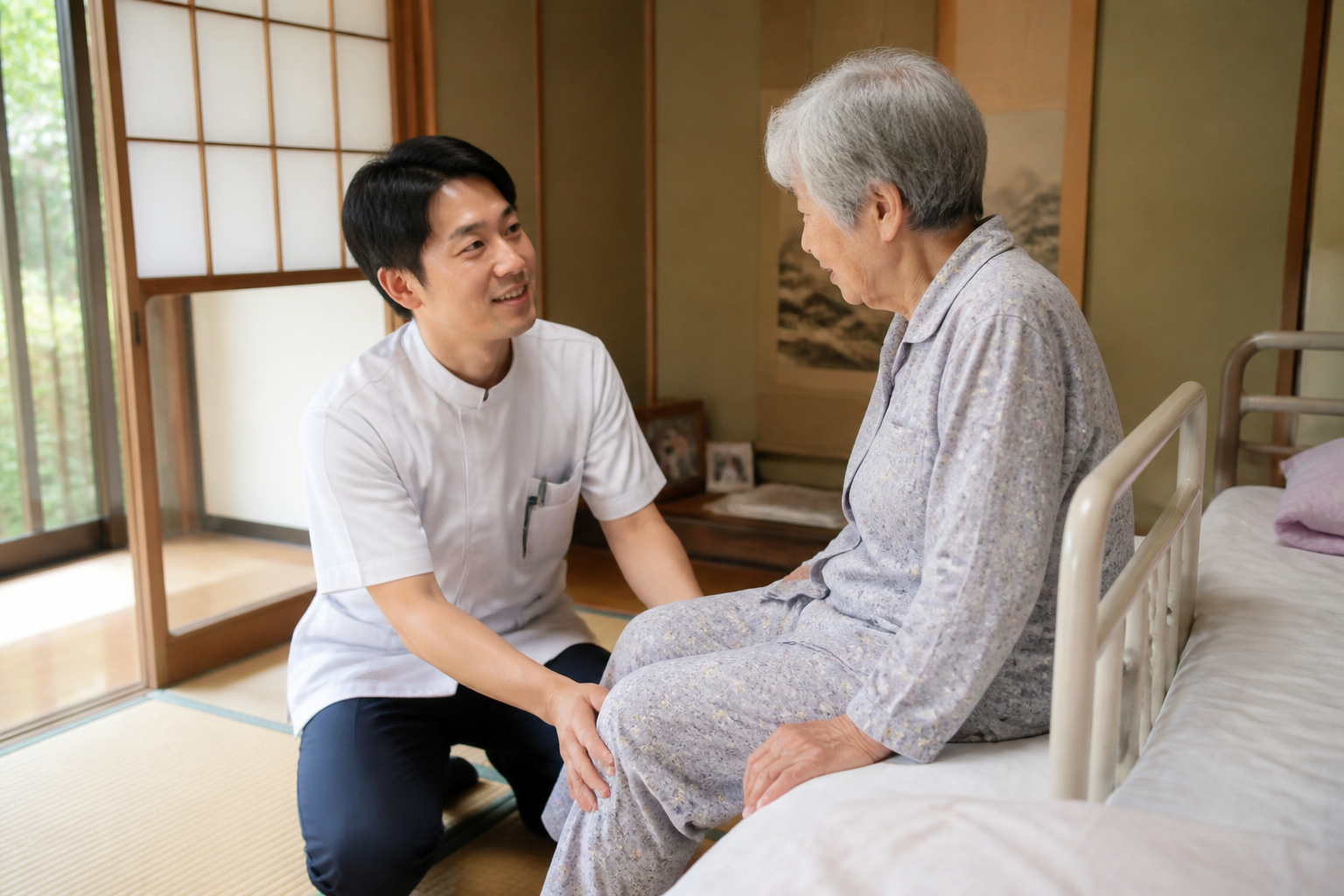 在宅でリハビリを行う日本人理学療法士と高齢患者