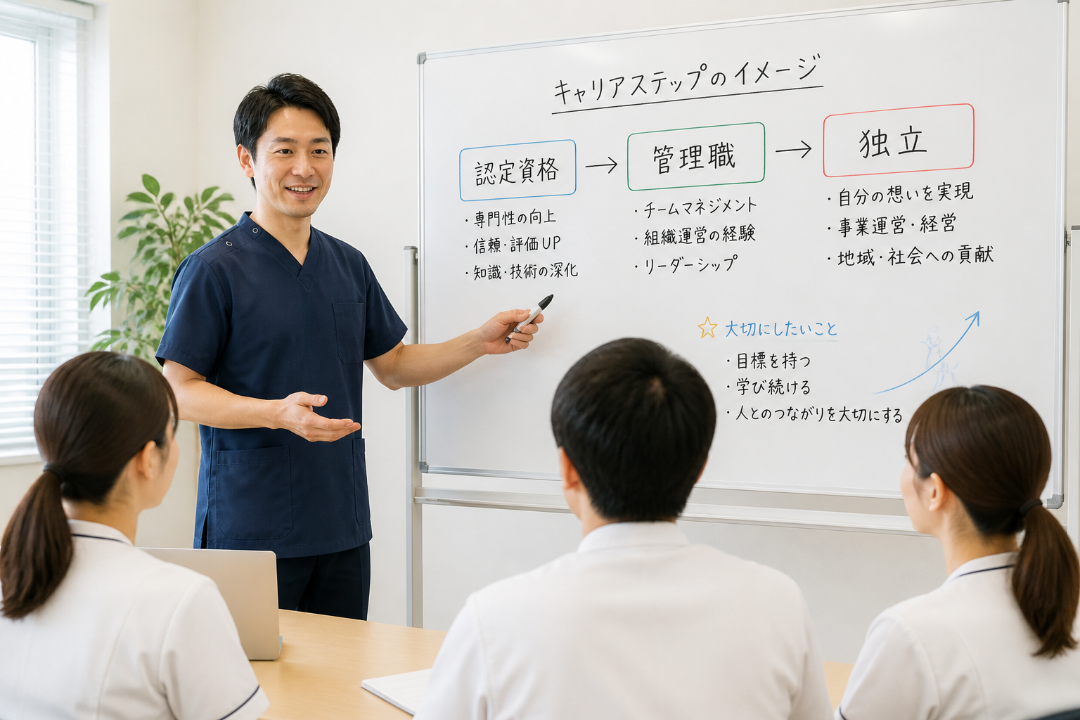訪問リハビリのキャリアパス3ルートを説明する先輩セラピスト