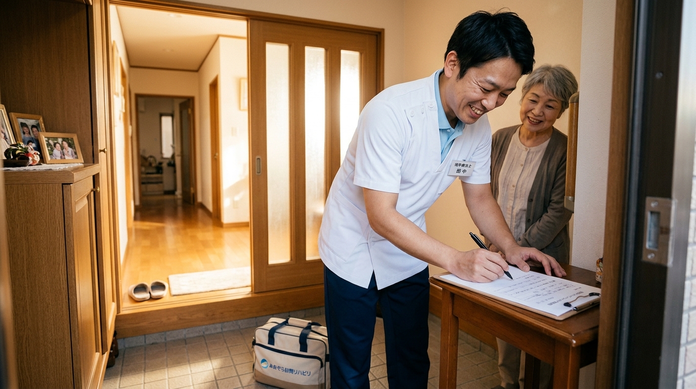 訪問リハビリの仕事を終えて充実した表情の理学療法士