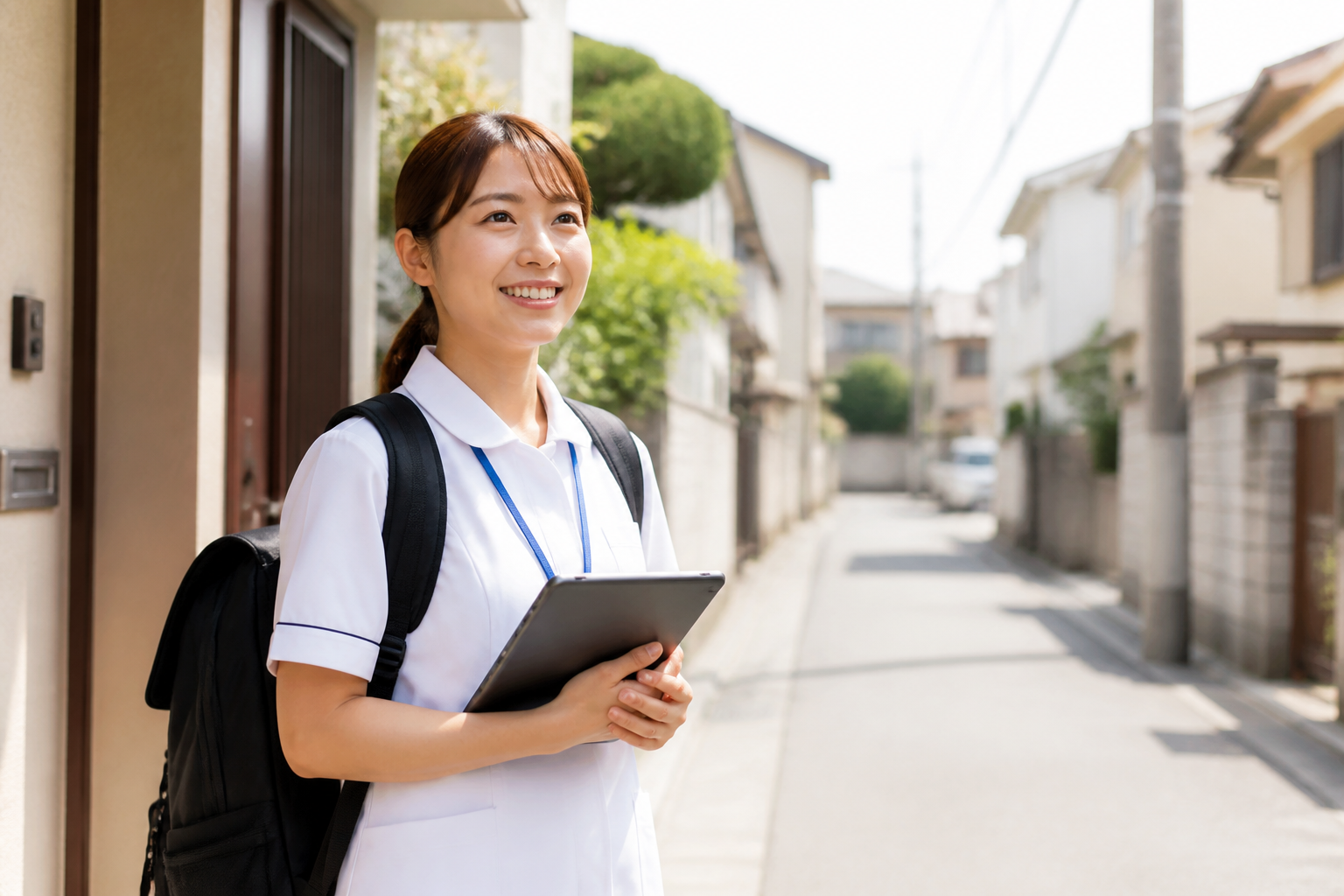 住宅街で直行直帰の準備をする日本人女性理学療法士